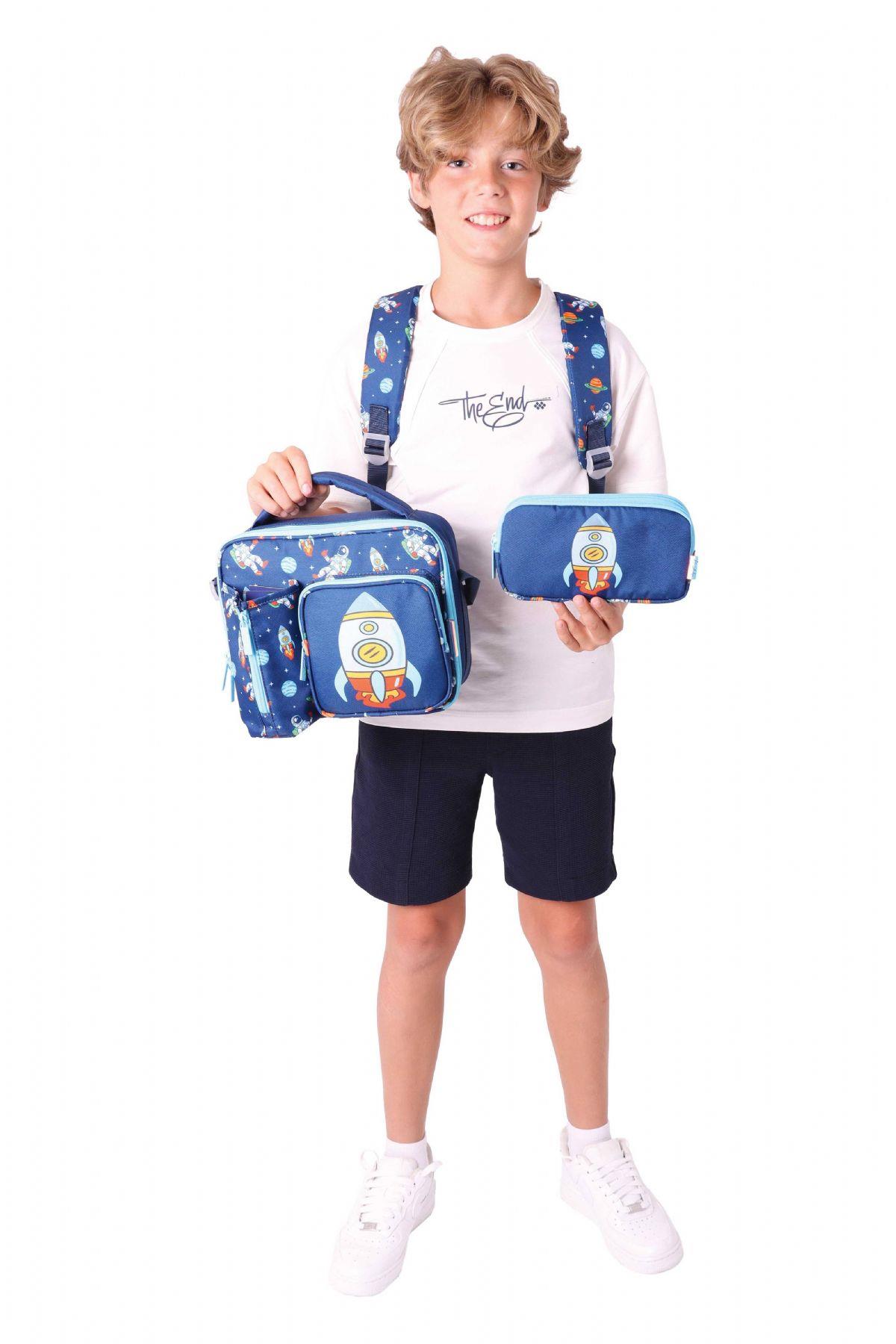 Kaukko Kids Kız Çocuklara Özel (Lacivert - Roket Detaylı) Üçlü Okul Çantası Seti
