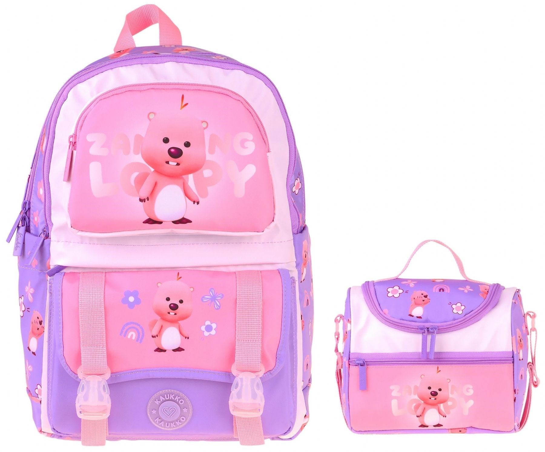 Kaukko Kids Loopy Kız Çocuk Lila - Pembe İlkokul Sırt Çantası ve Beslenme Çanta Seti - SETKK-L5303B