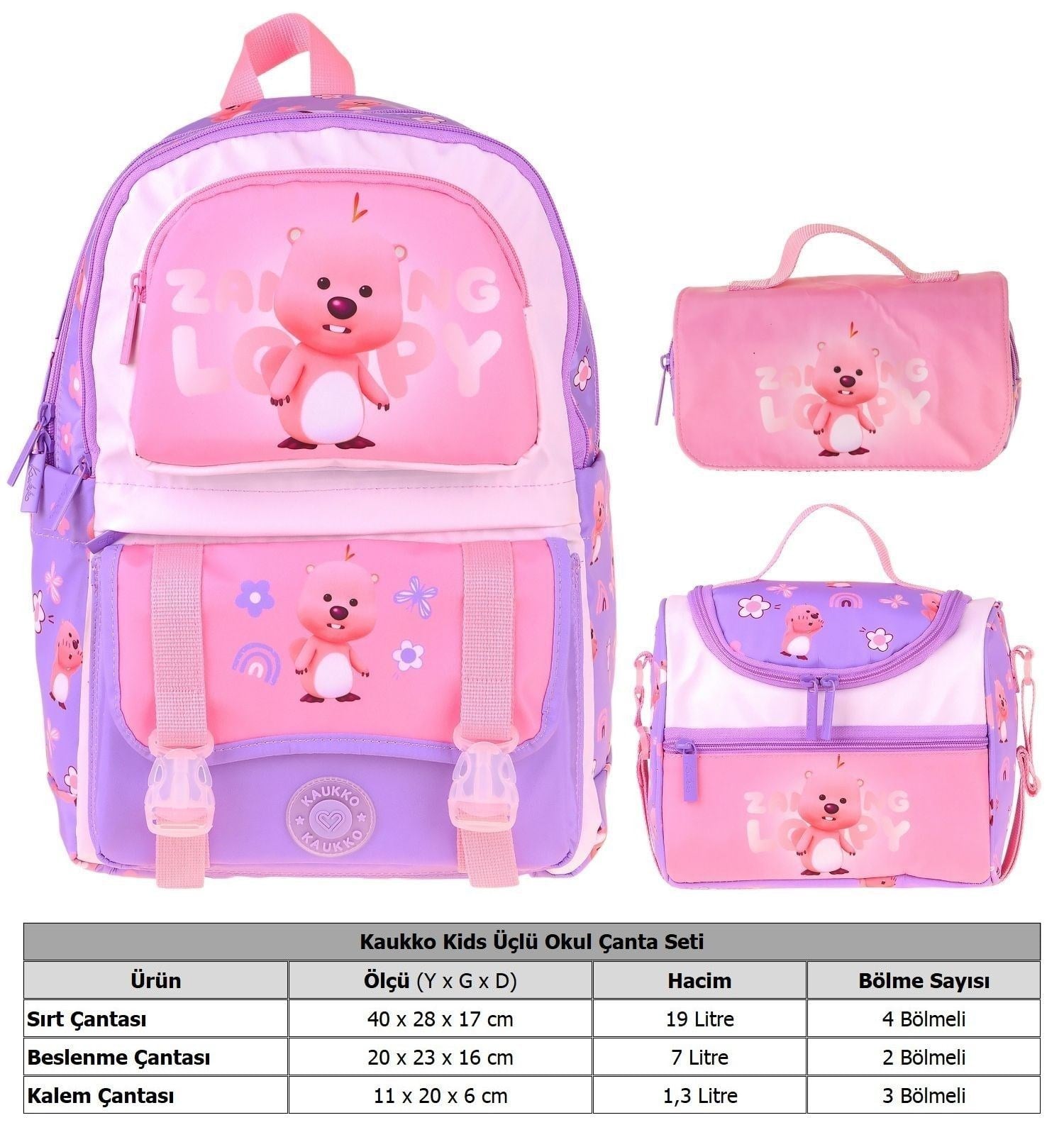 Kaukko Kids Loopy(Lila - Pembe Renk) Kız Çocuk Üçlü İlkokul Okul Çantası Seti/Takımı - SETKK-L5303A