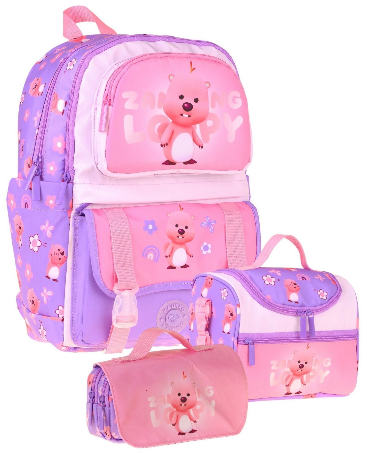 Kaukko Kids Loopy(Lila - Pembe Renk) Kız Çocuk Üçlü İlkokul Okul Çantası Seti/Takımı - SETKK-L5303A