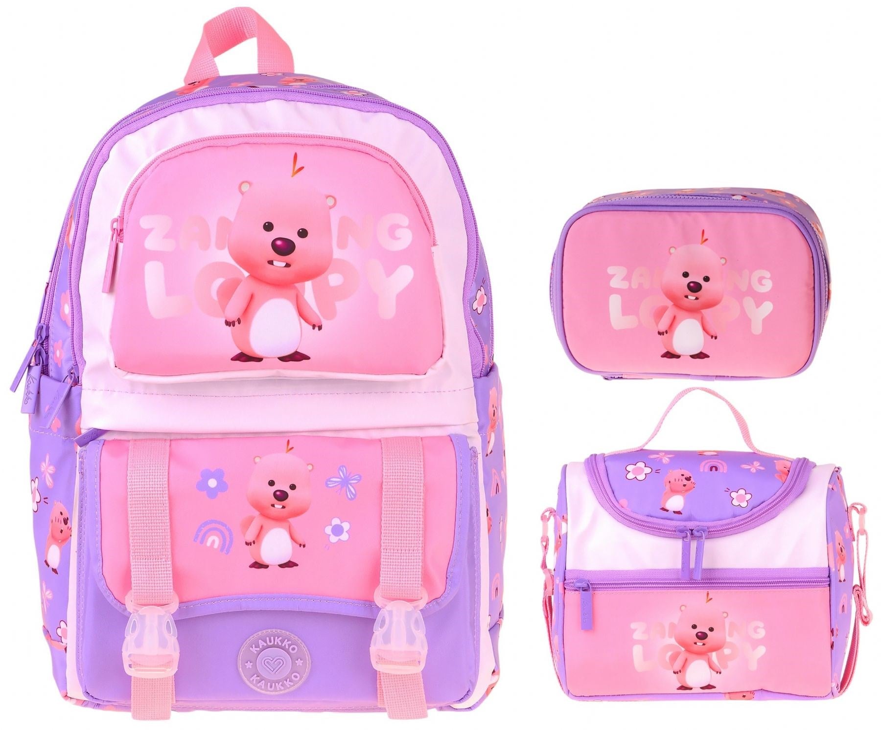 Kaukko Kids Loopy(Lila - Pembe Renk) Kız Çocuk Üçlü İlkokul Okul Çantası Seti/Takımı - SETKK-L5303D