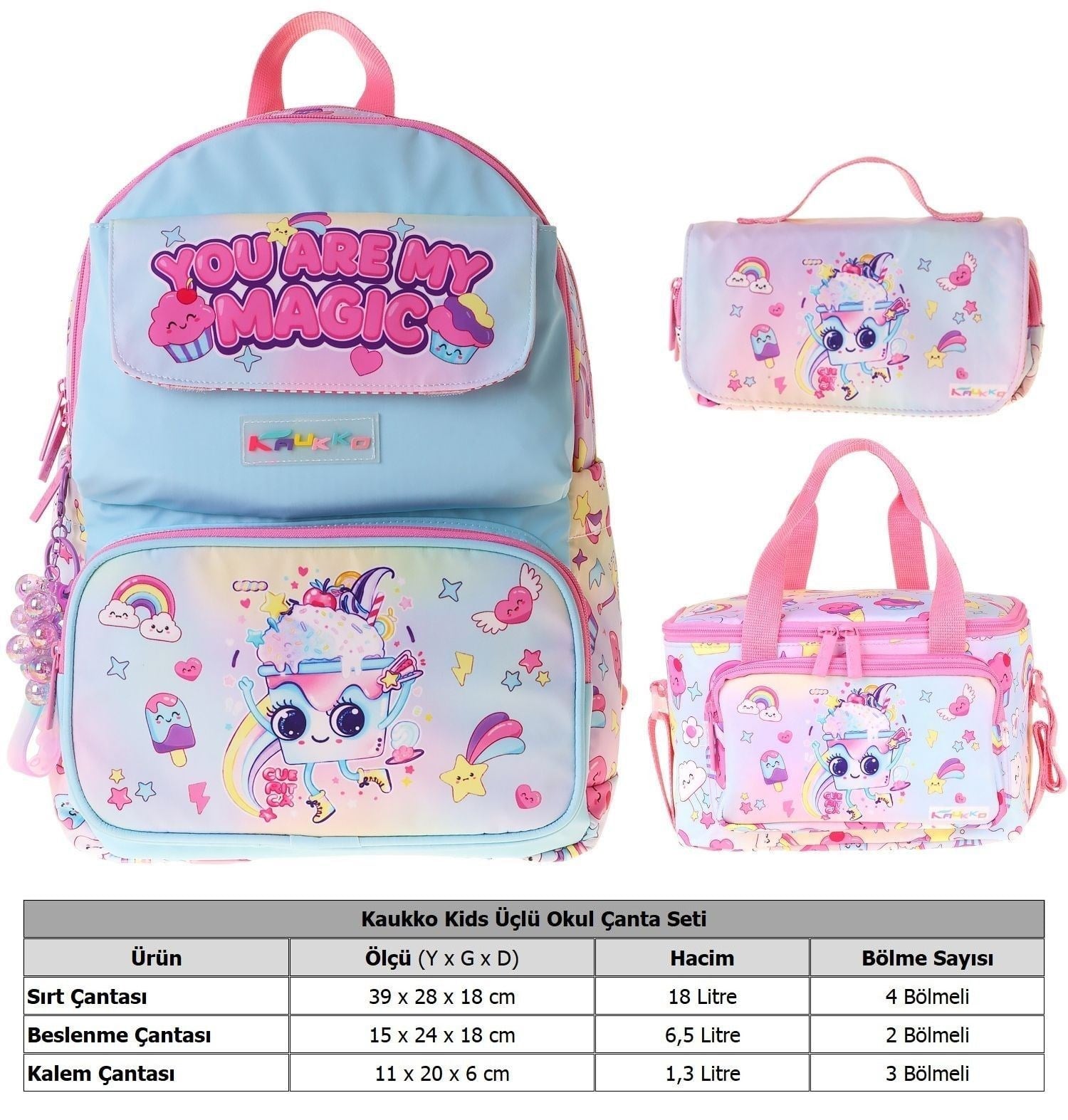 Kaukko Kids Magic(Pembe Renk) Kız Çocuk Üçlü İlkokul Okul Çantası Seti/Takımı - SETKK-L5283A