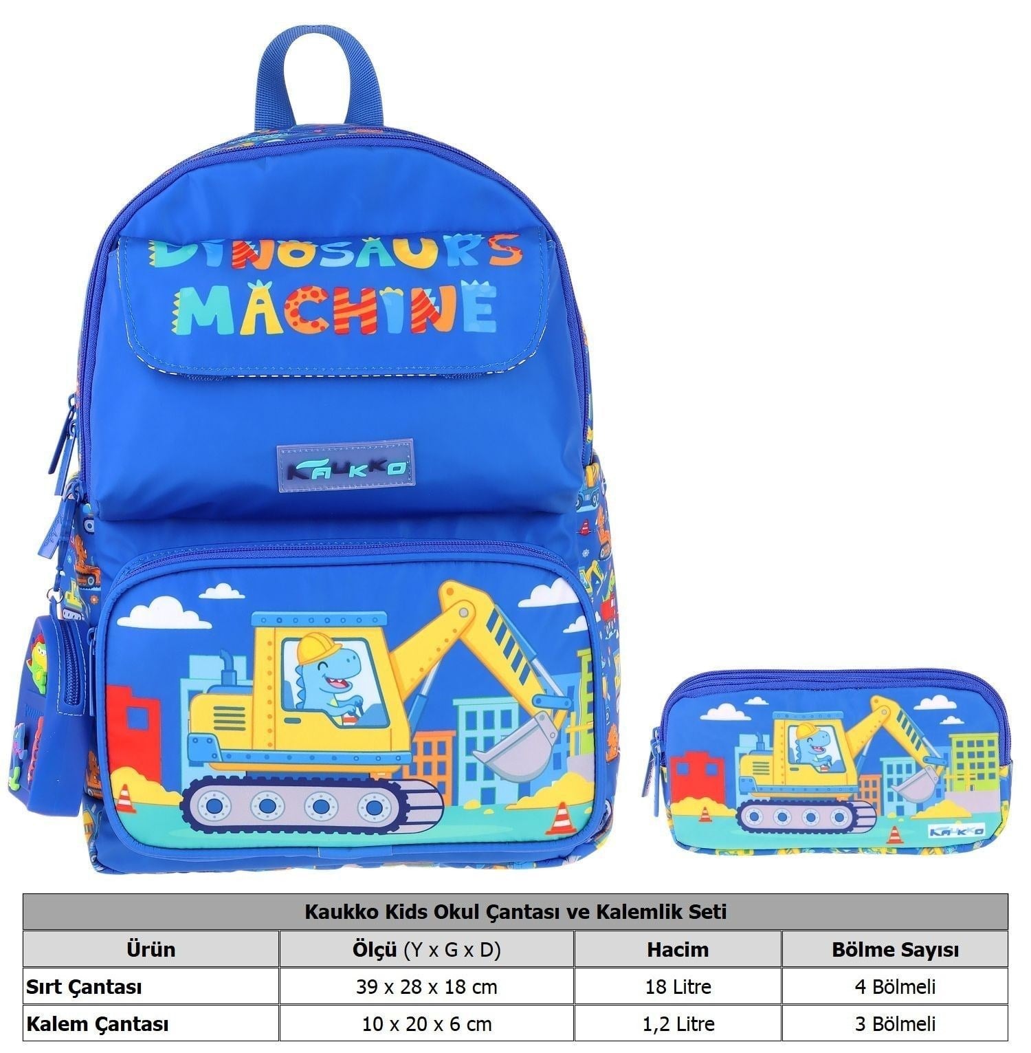 Kaukko Kids Mechanic Mavi - Sarı Erkek Çocuk İlkokul Sırt Çantası ve Kalem Çantası Seti - SETKK-L5369C