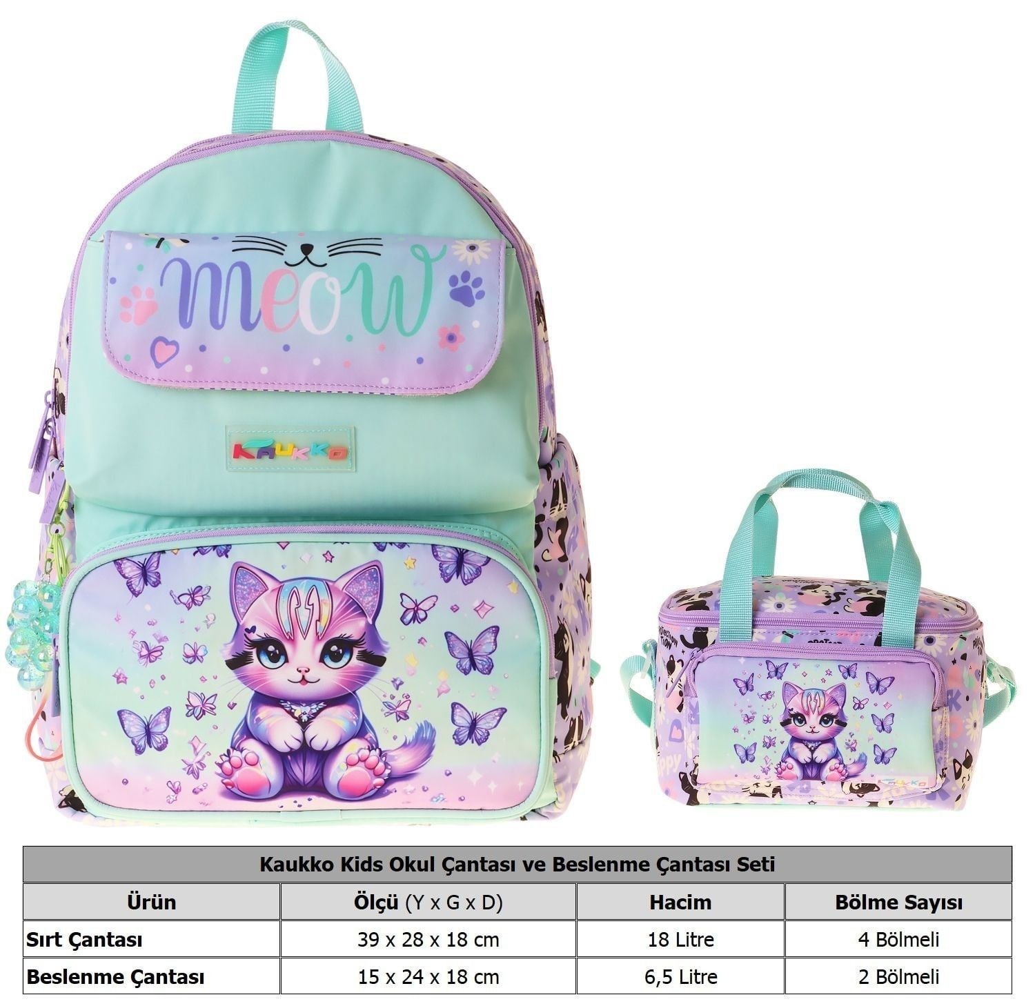 Kaukko Kids Meow Kız Çocuk Yeşil - Mor İlkokul Sırt Çantası ve Beslenme Çanta Seti - SETKK-L5288B