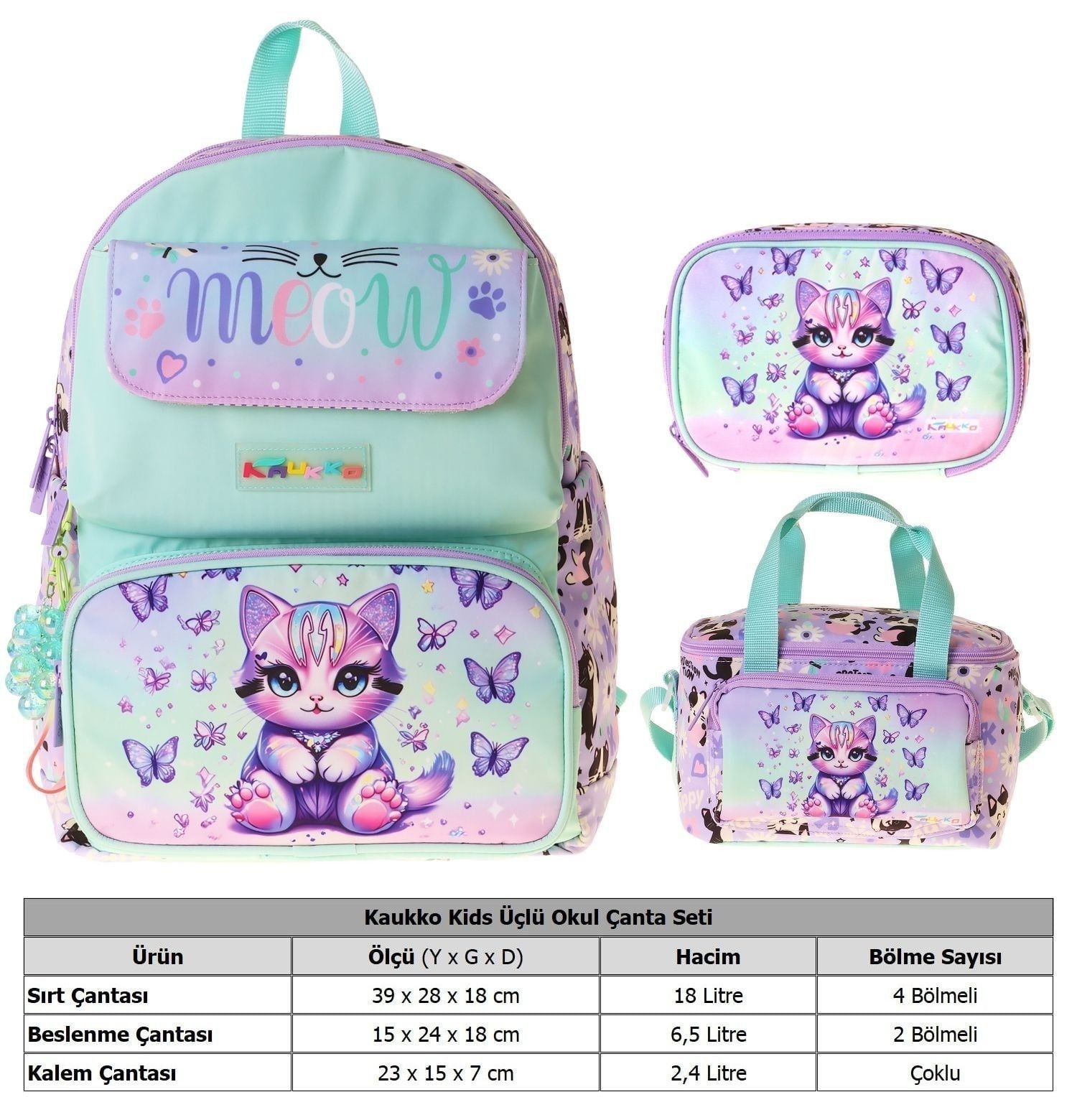 Kaukko Kids Meow(Yeşil - Mor Renk) Kız Çocuk Üçlü İlkokul Okul Çantası Seti/Takımı - SETKK-L5288D