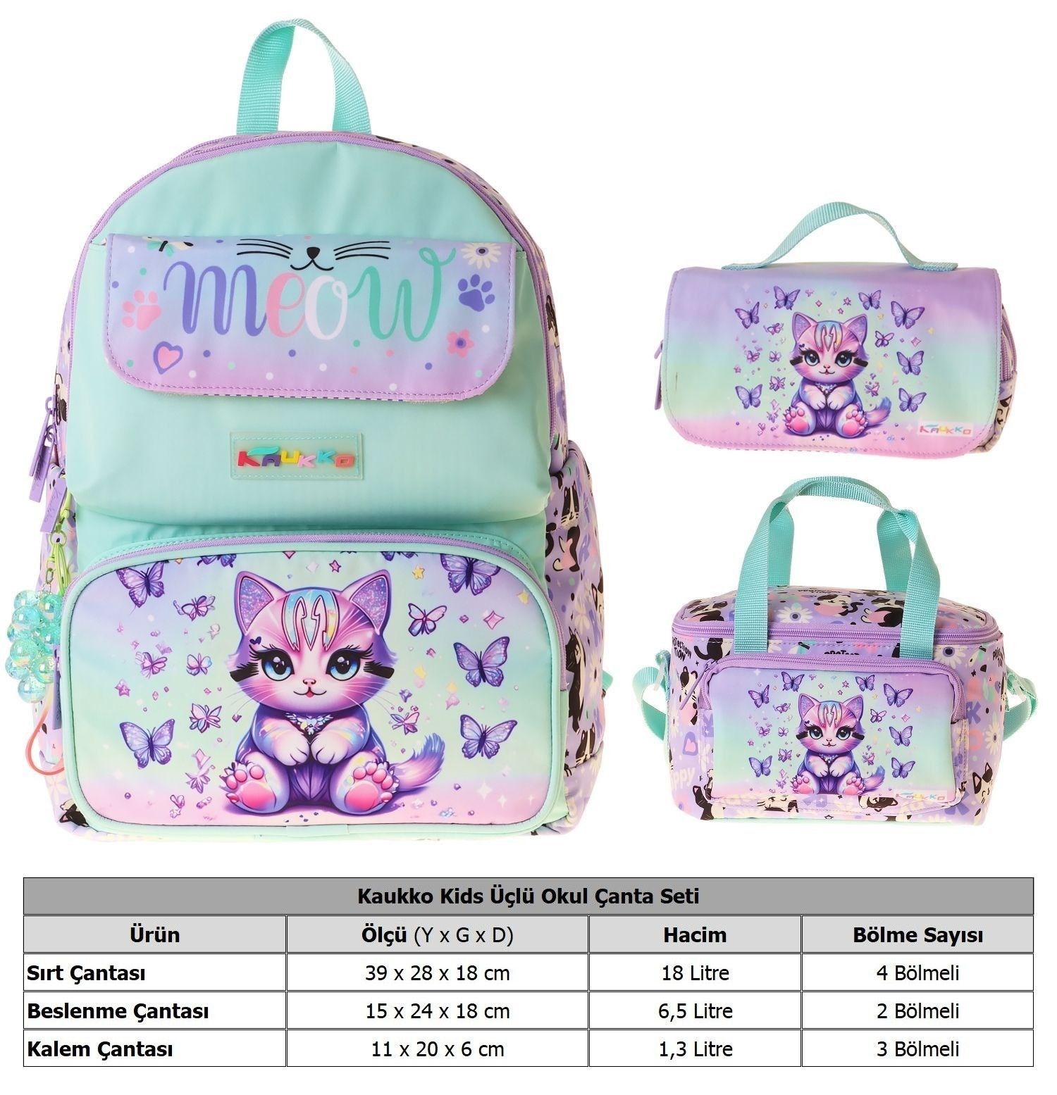 Kaukko Kids Meow(Yeşil - Mor Renk) Kız Çocuk Üçlü İlkokul Okul Çantası Seti/Takımı - SETKK-L5288A