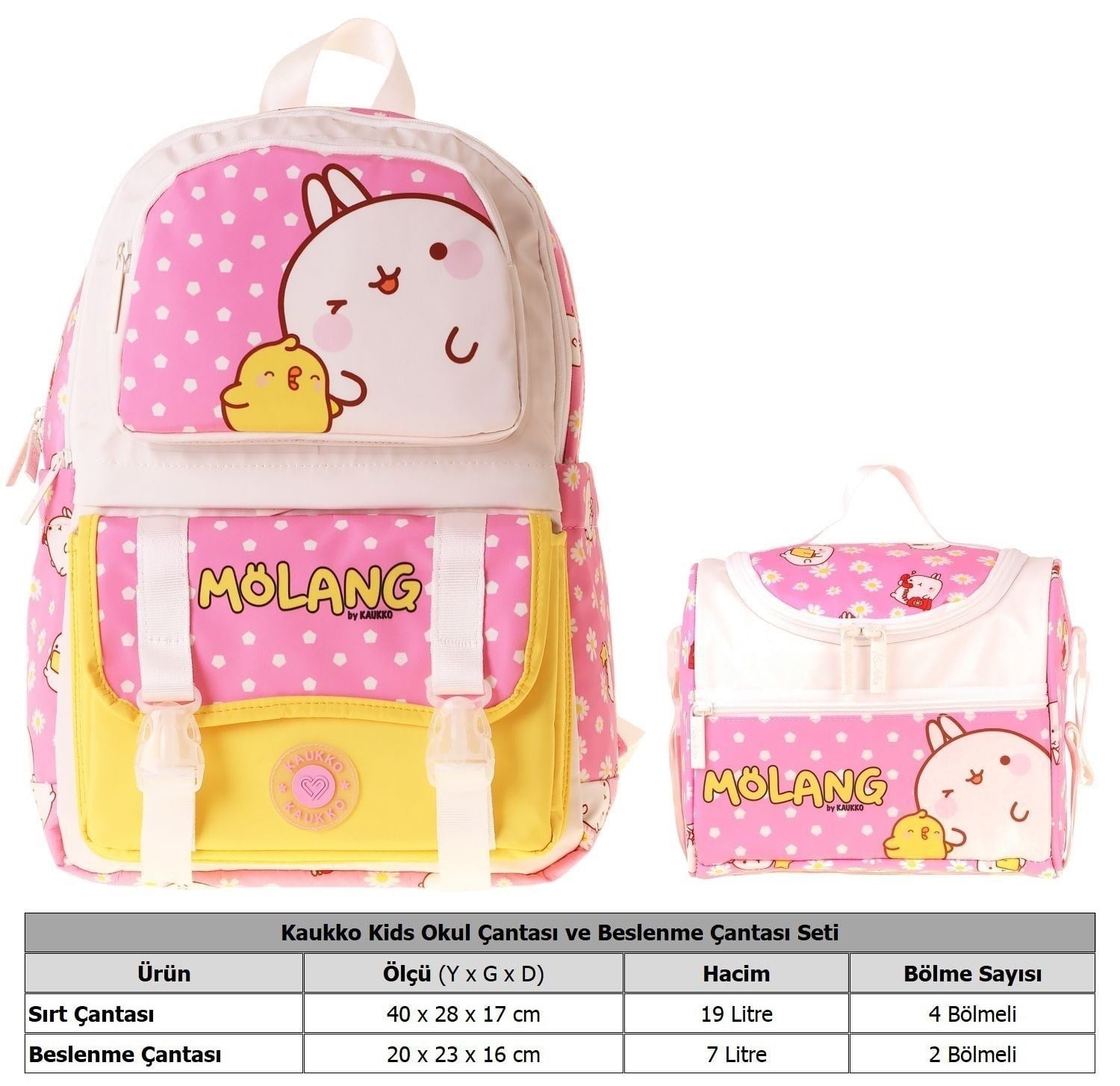 Kaukko Kids Molang Kız Çocuk Pembe - Sarı İlkokul Sırt Çantası ve Beslenme Çanta Seti - SETKK-L5318B