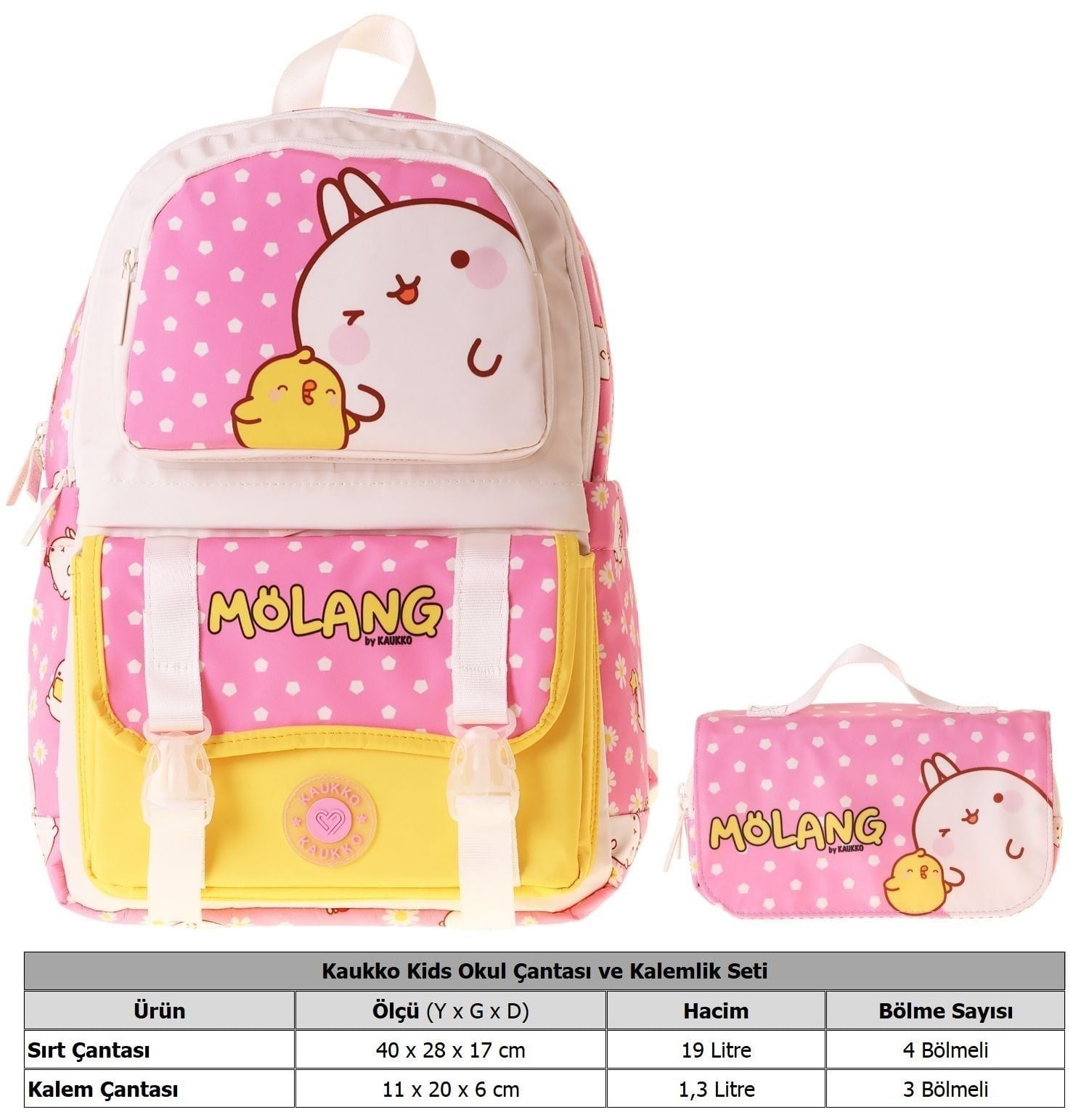 Kaukko Kids Molang Pembe - Sarı Kız Çocuk İlkokul Sırt Çantası ve Kalem Çantası Seti - SETKK-L5318C