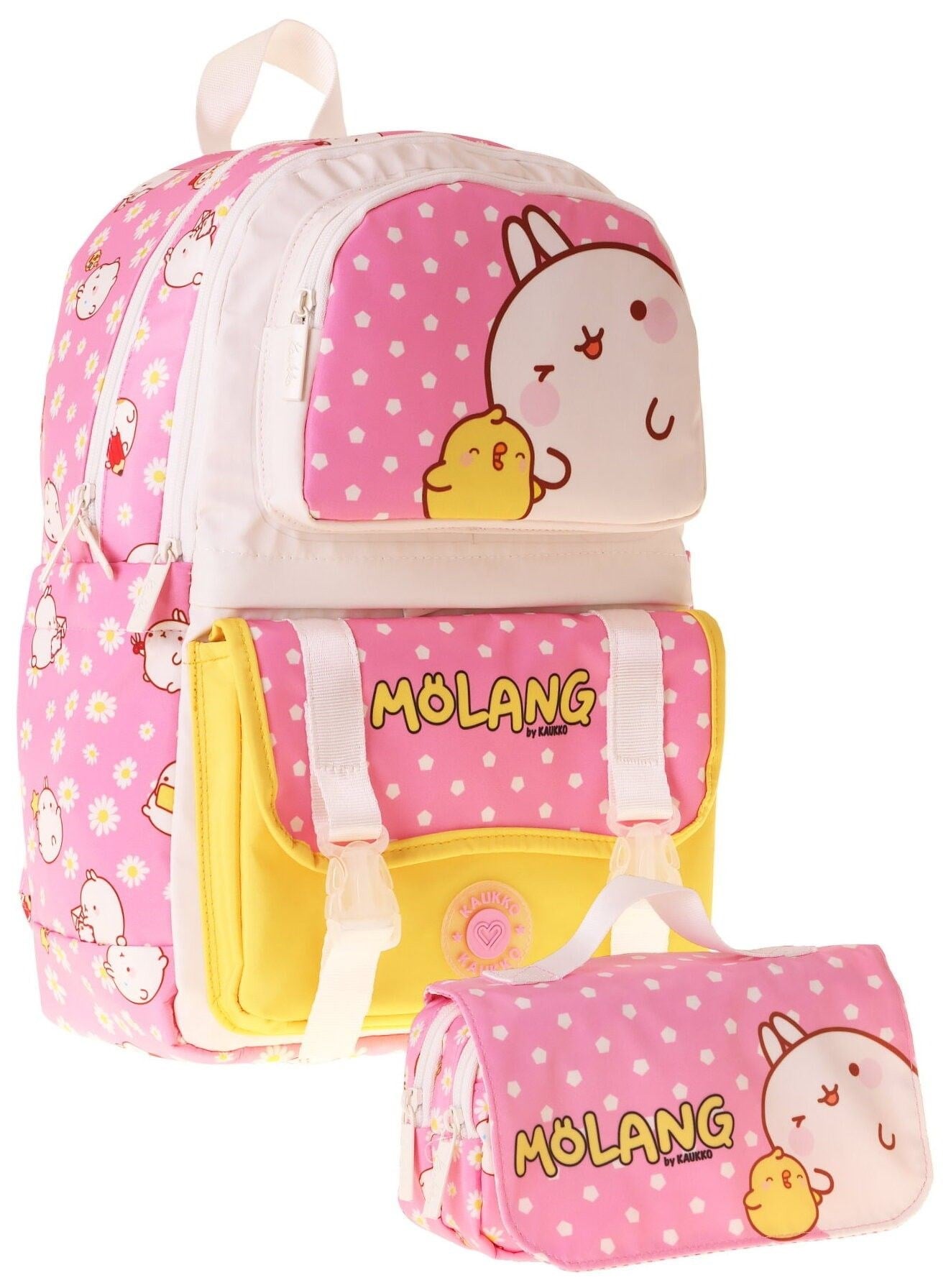 Kaukko Kids Molang Pembe - Sarı Kız Çocuk İlkokul Sırt Çantası ve Kalem Çantası Seti - SETKK-L5318C