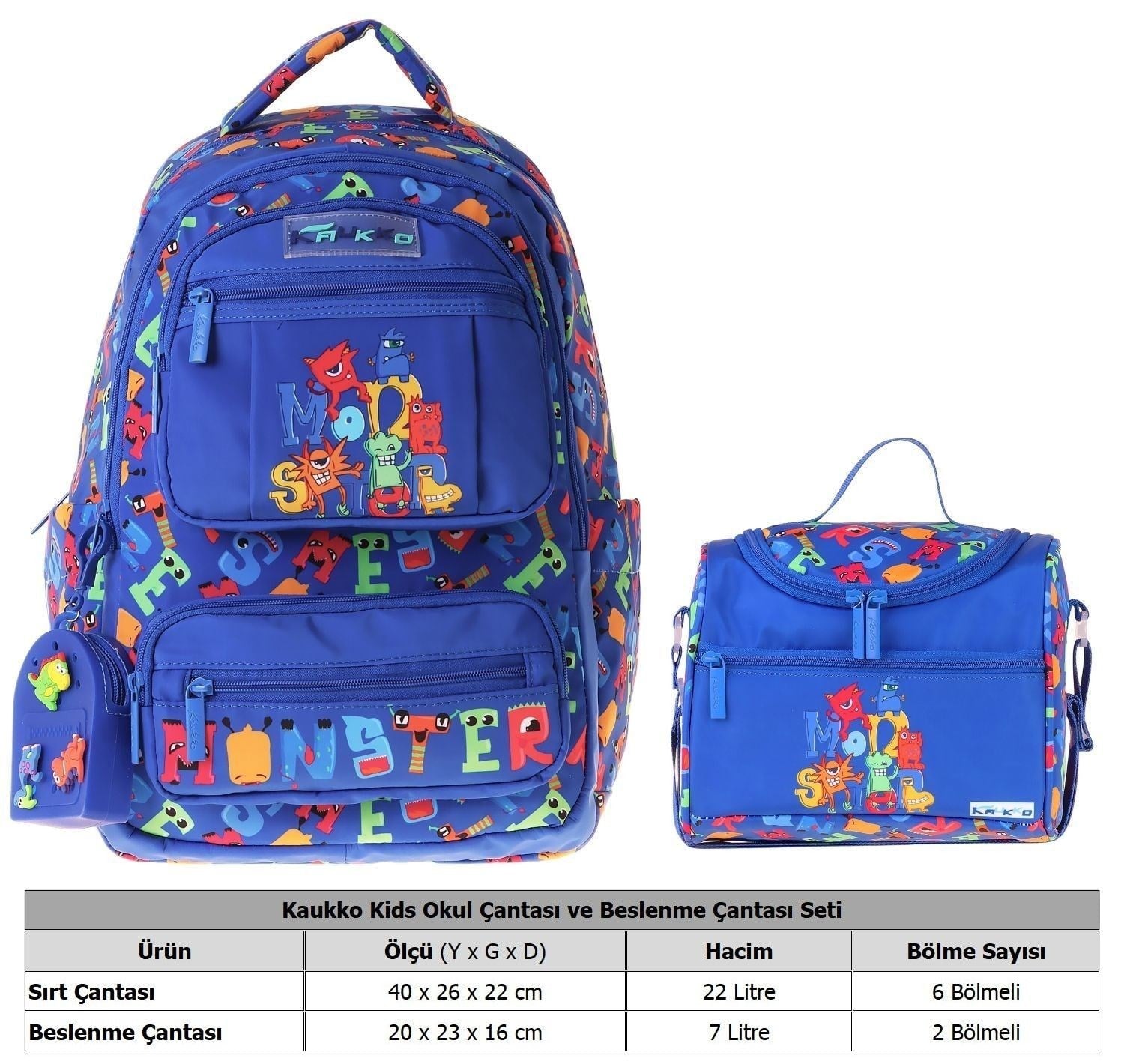 Kaukko Kids Monster Erkek Çocuk Mavi İlkokul Sırt Çantası ve Beslenme Çanta Seti - SETKK-L5404B