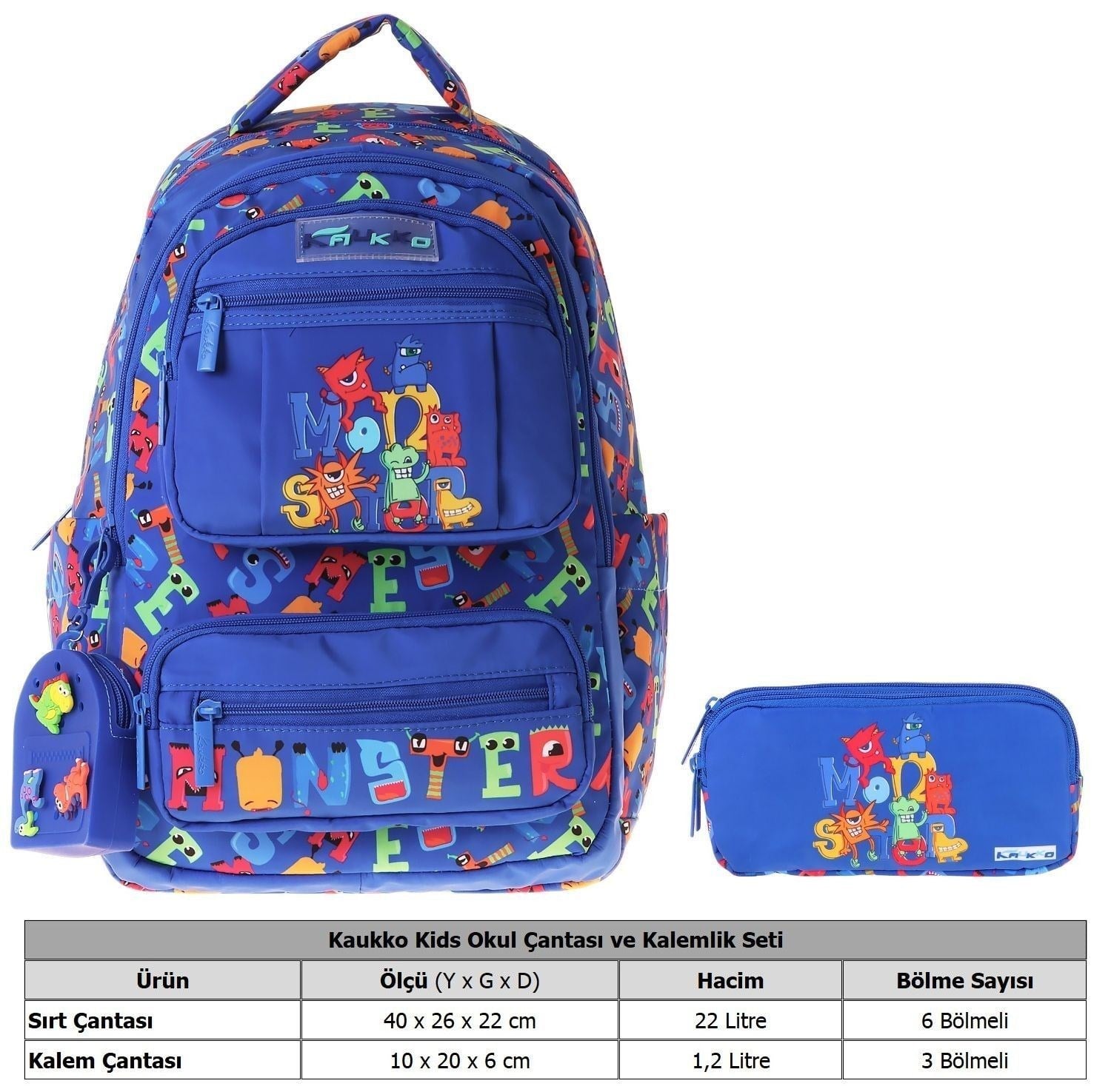 Kaukko Kids Monster Mavi Erkek Çocuk İlkokul Sırt Çantası ve Kalem Çantası Seti - SETKK-L5404C