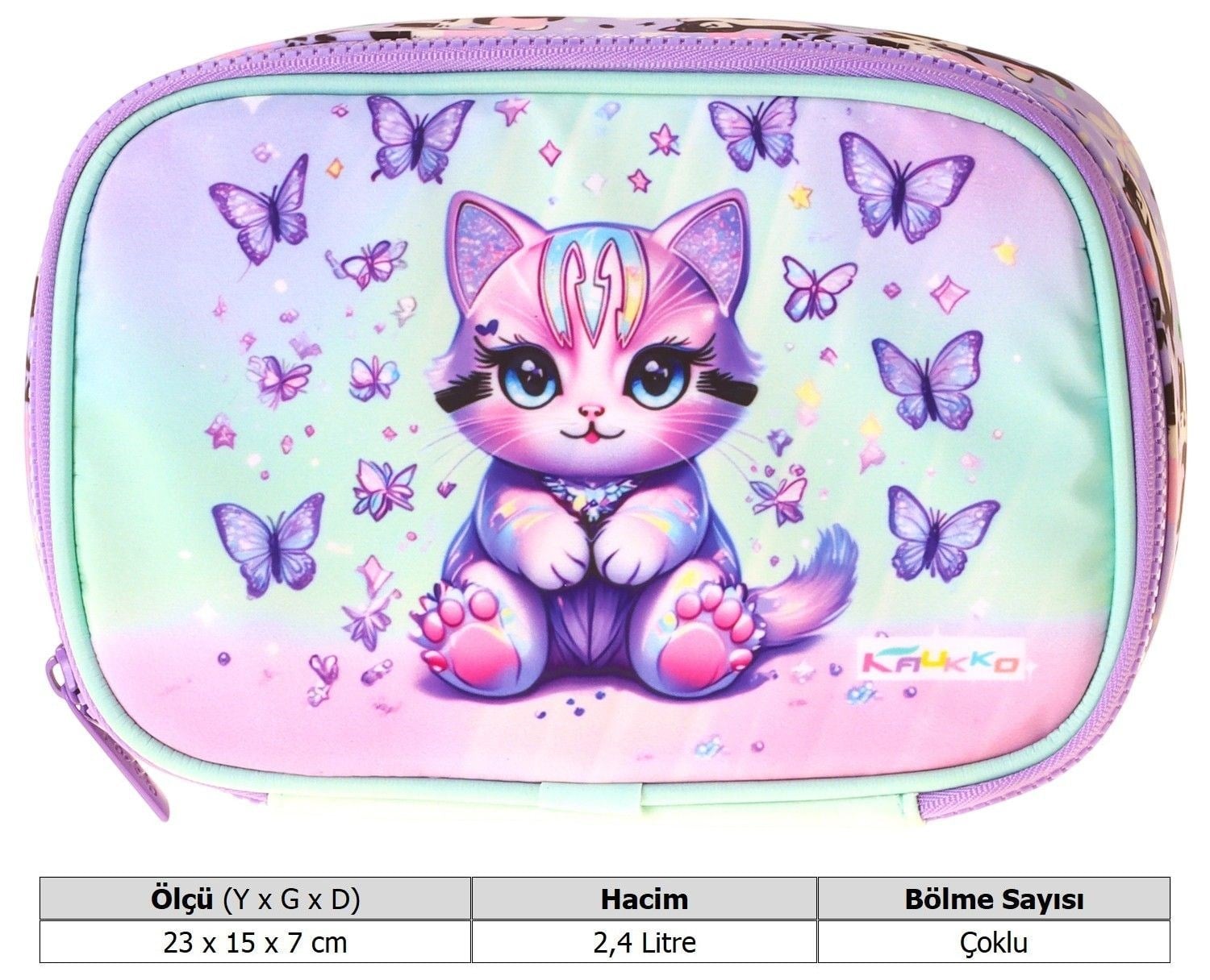 Kaukko Kids Mor Kedi Desenli Yeşil - Mor Kız Çocuk Organizer Kalem Çantası - Kalemlik - L5294