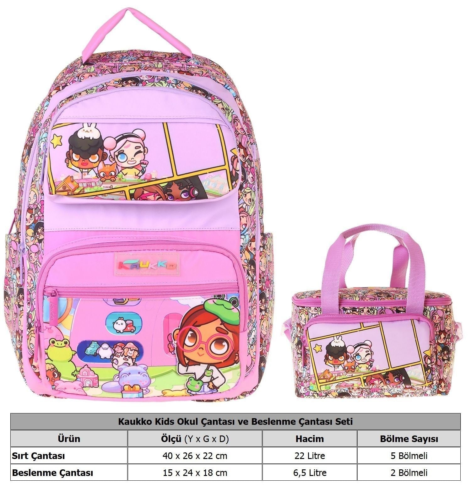 Kaukko Kids Nagy Kız Çocuk Pembe İlkokul Sırt Çantası ve Beslenme Çanta Seti - SETKK-L5333B