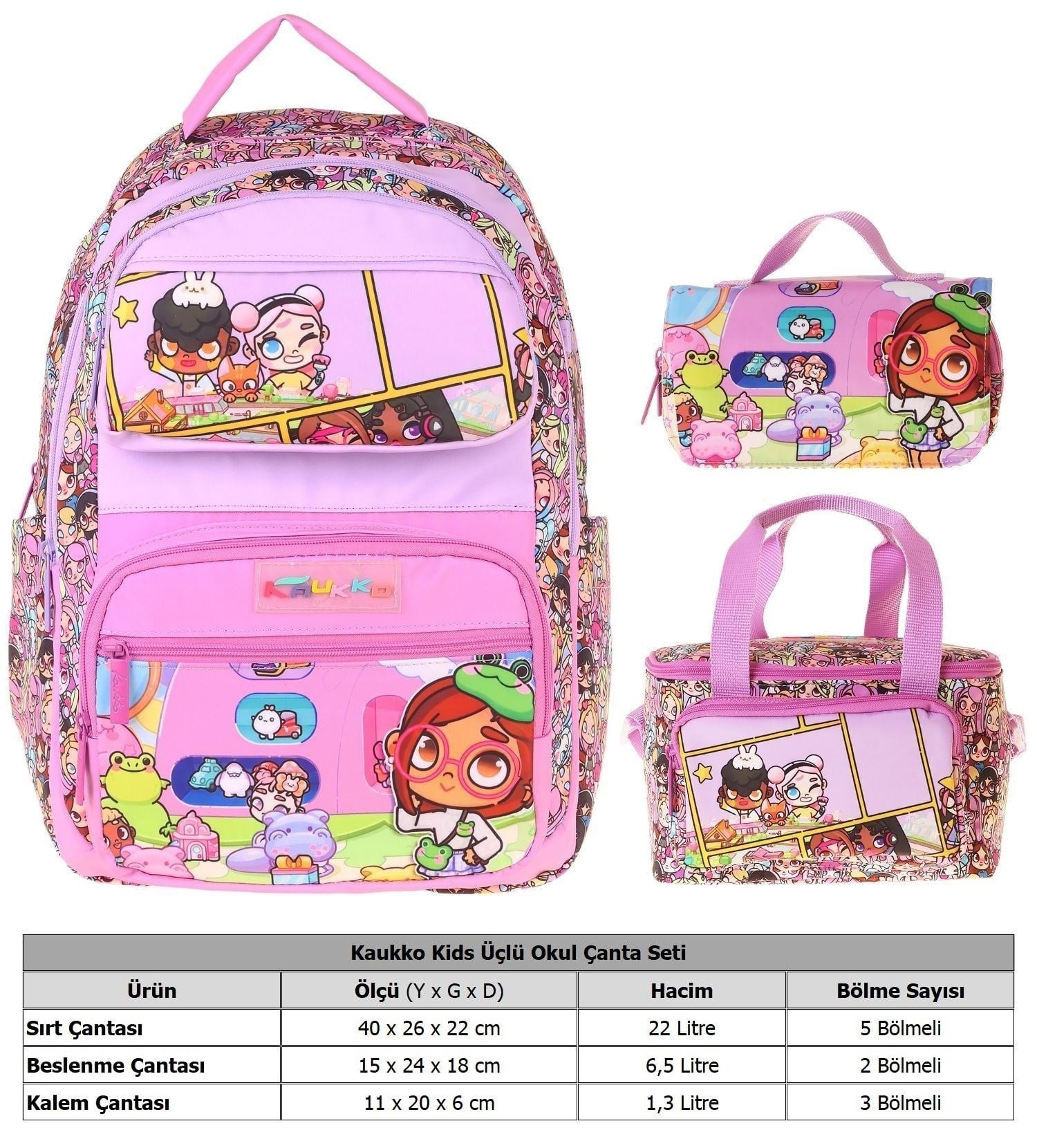 Kaukko Kids Nagy(Pembe Renk) Kız Çocuk Üçlü İlkokul Okul Çantası Seti/Takımı - SETKK-L5333A