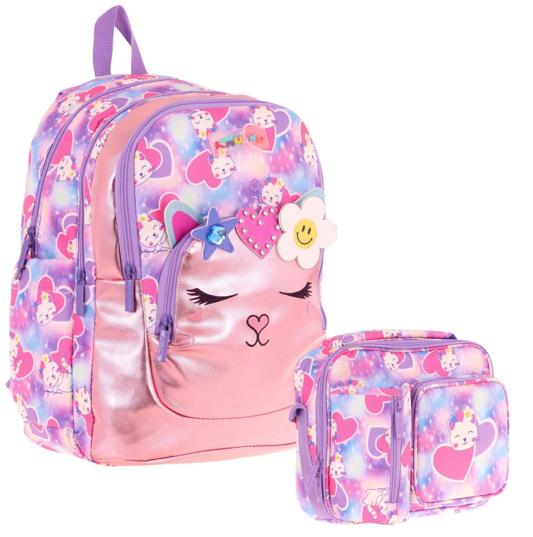 Kaukko Kids Okul ve Beslenme Çantası Seti (Kız Çocuk) - Kedi Şekilli Pembe Mor - (L5219+L7219)