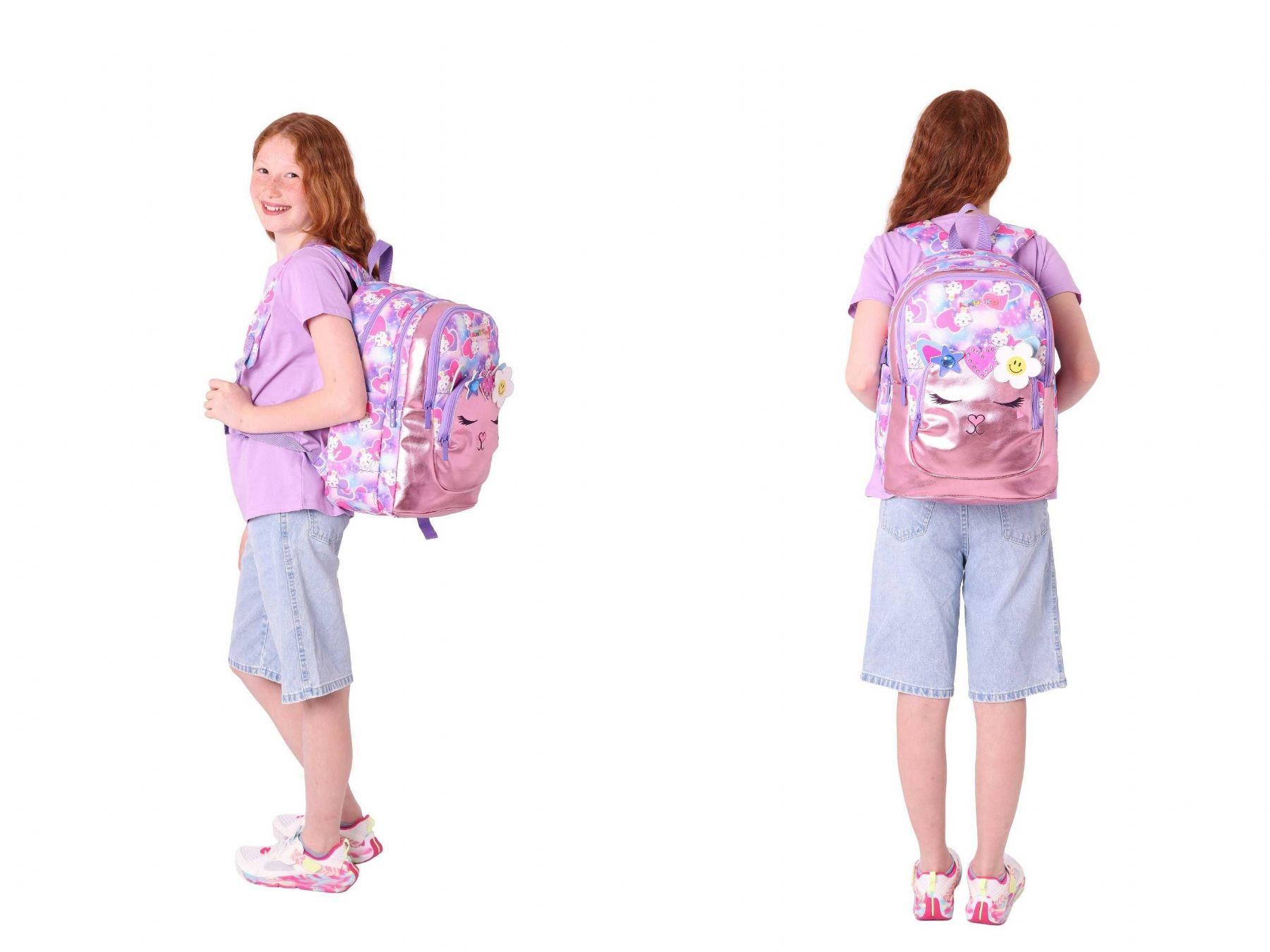 Kaukko Kids Okul ve Beslenme Çantası Seti (Kız Çocuk) - Kedi Şekilli Pembe Mor - (L5219+L7219)