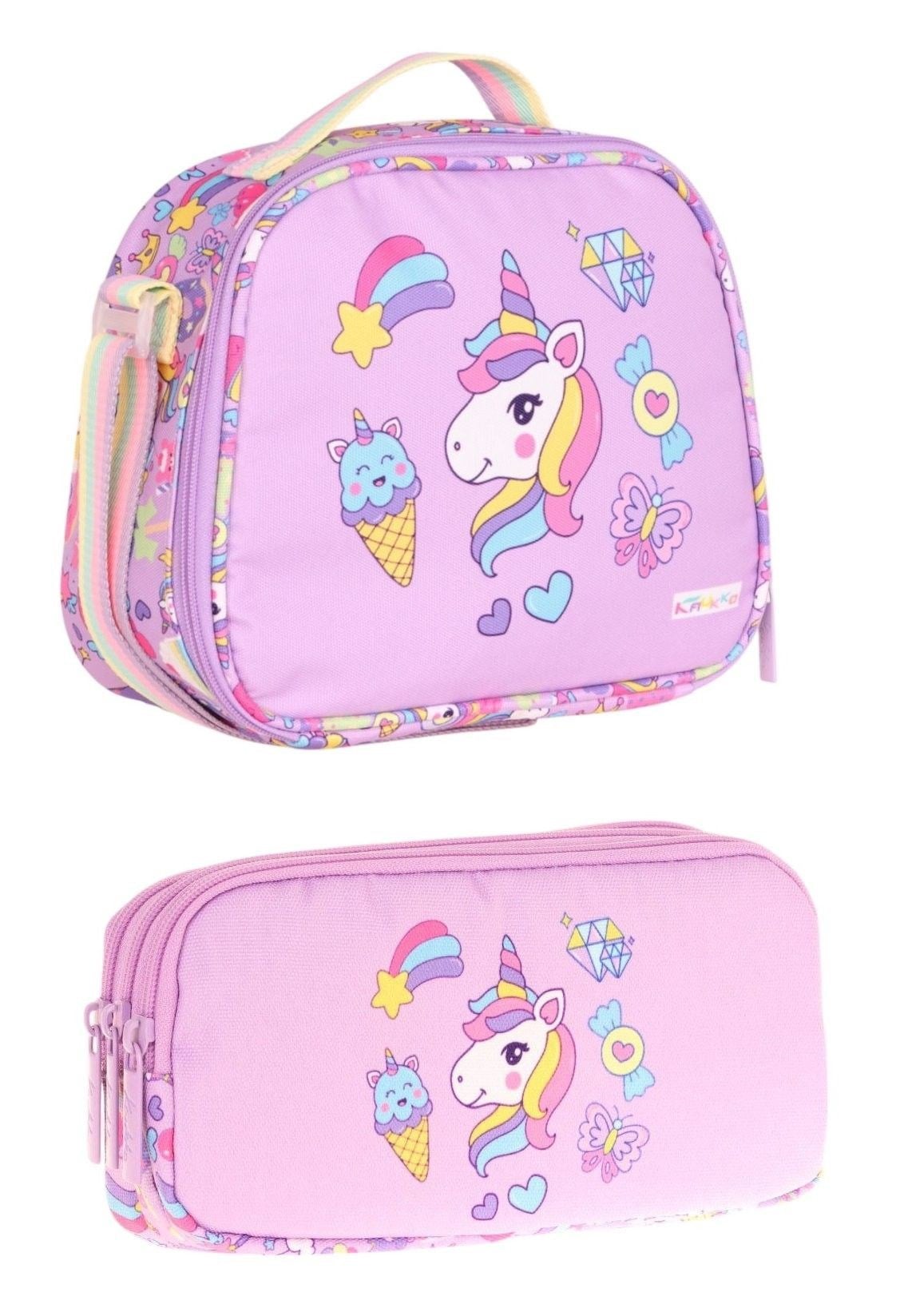 Kaukko Kids Pembe Sarı Unicorn Desenli Kız Çocuk Beslenme Çantası ve Kalemlik Seti - STKK-L7215-1