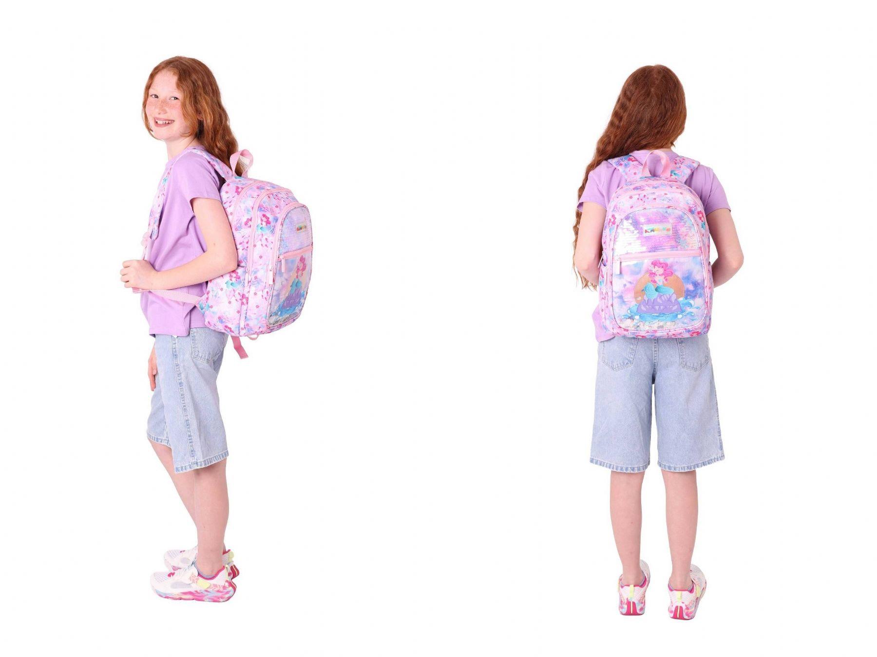 Kaukko Kids Pullu Denizkızı Desenli, Kız Çocuk Pembe Mavi Okul Çantası + Beslenme Çantası Seti (L5217+L7217)