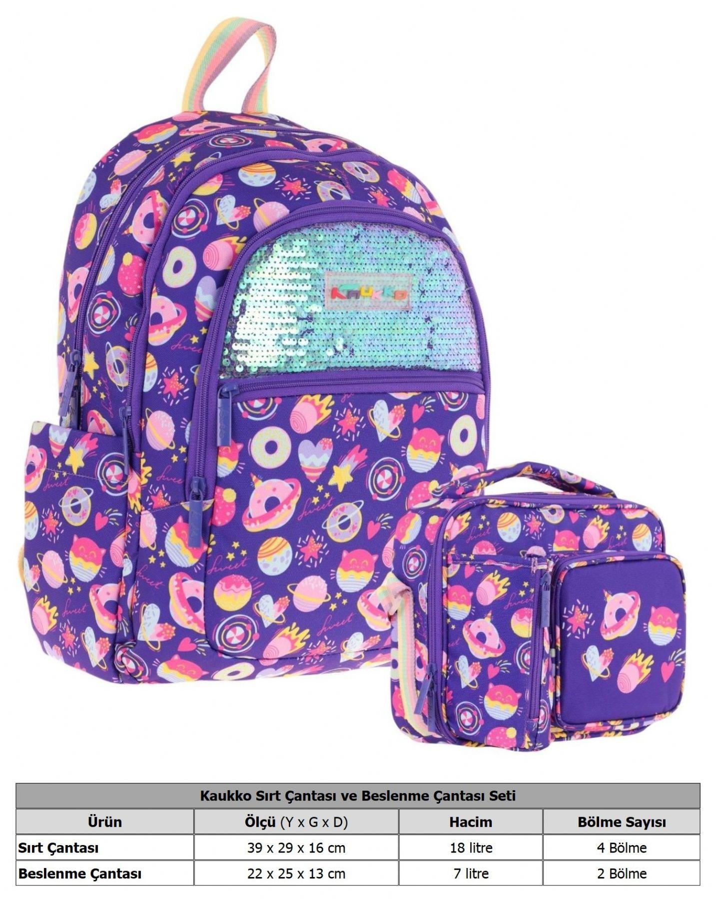 Kaukko Kids Pullu Şekerleme Desenli, Kız Çocuk Mor Okul Çantası + Beslenme Çantası Seti (L5216+L7216)