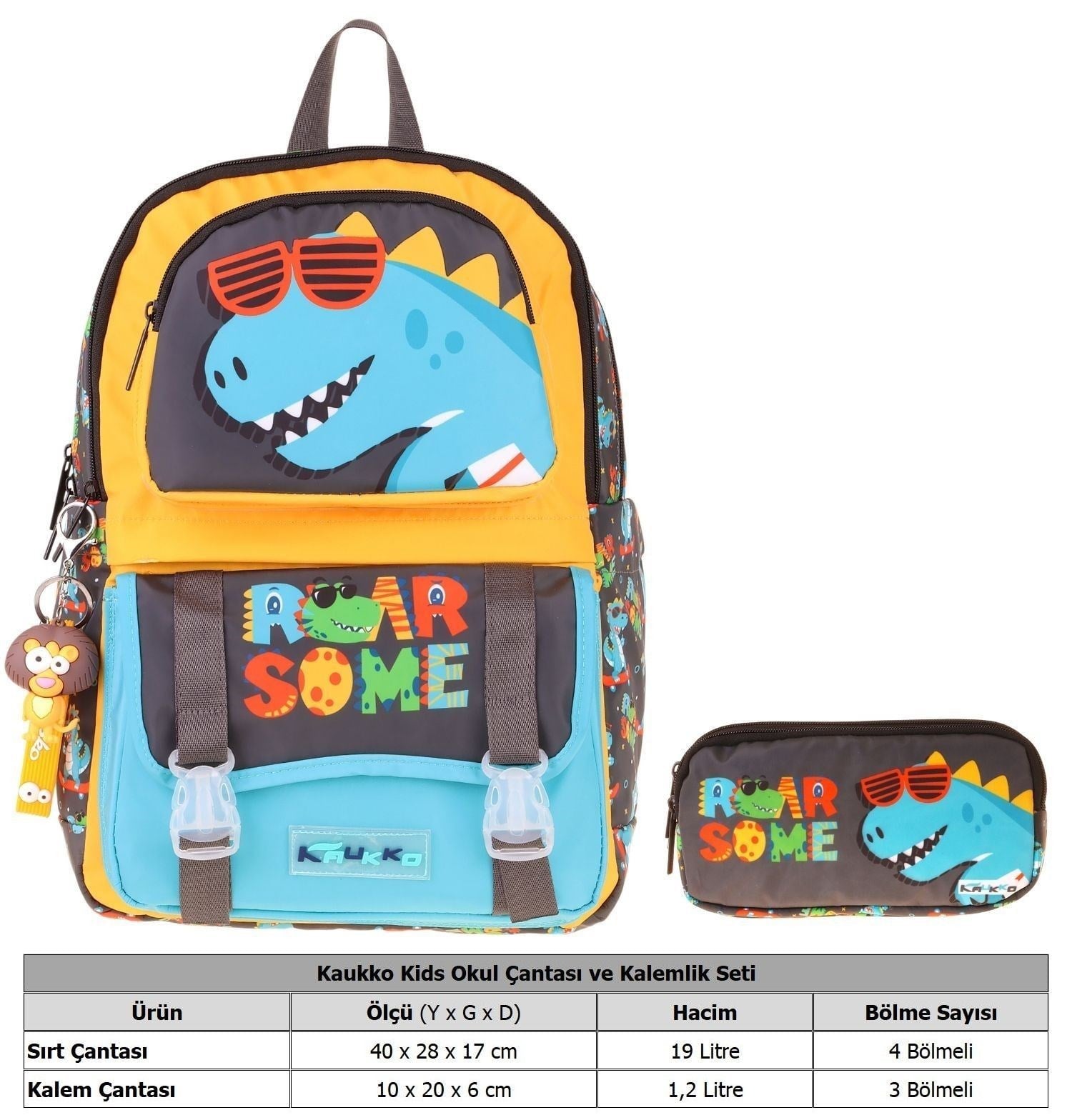 Kaukko Kids Roar Sarı - Mavi Erkek Çocuk İlkokul Sırt Çantası ve Kalem Çantası Seti - SETKK-L5394C