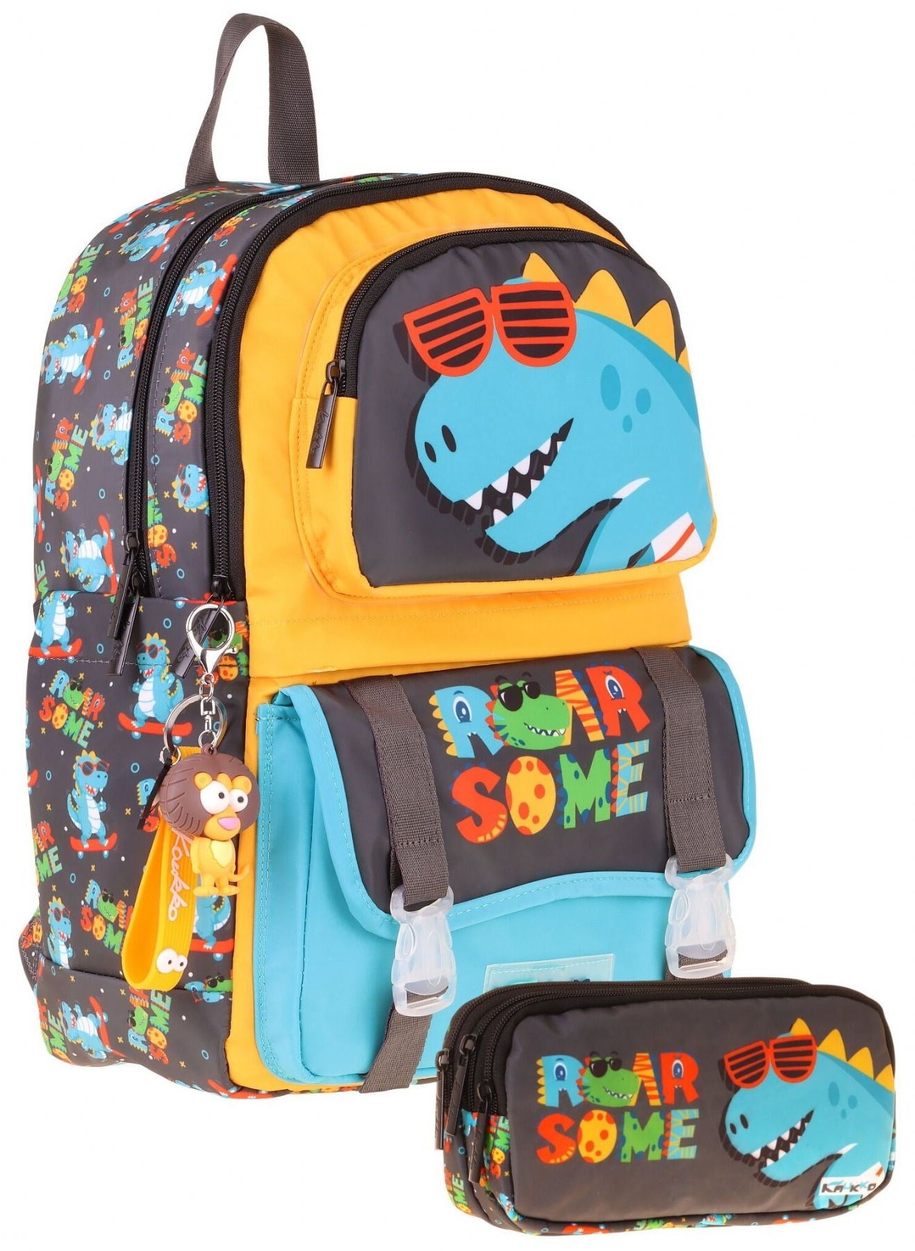 Kaukko Kids Roar Sarı - Mavi Erkek Çocuk İlkokul Sırt Çantası ve Kalem Çantası Seti - SETKK-L5394C