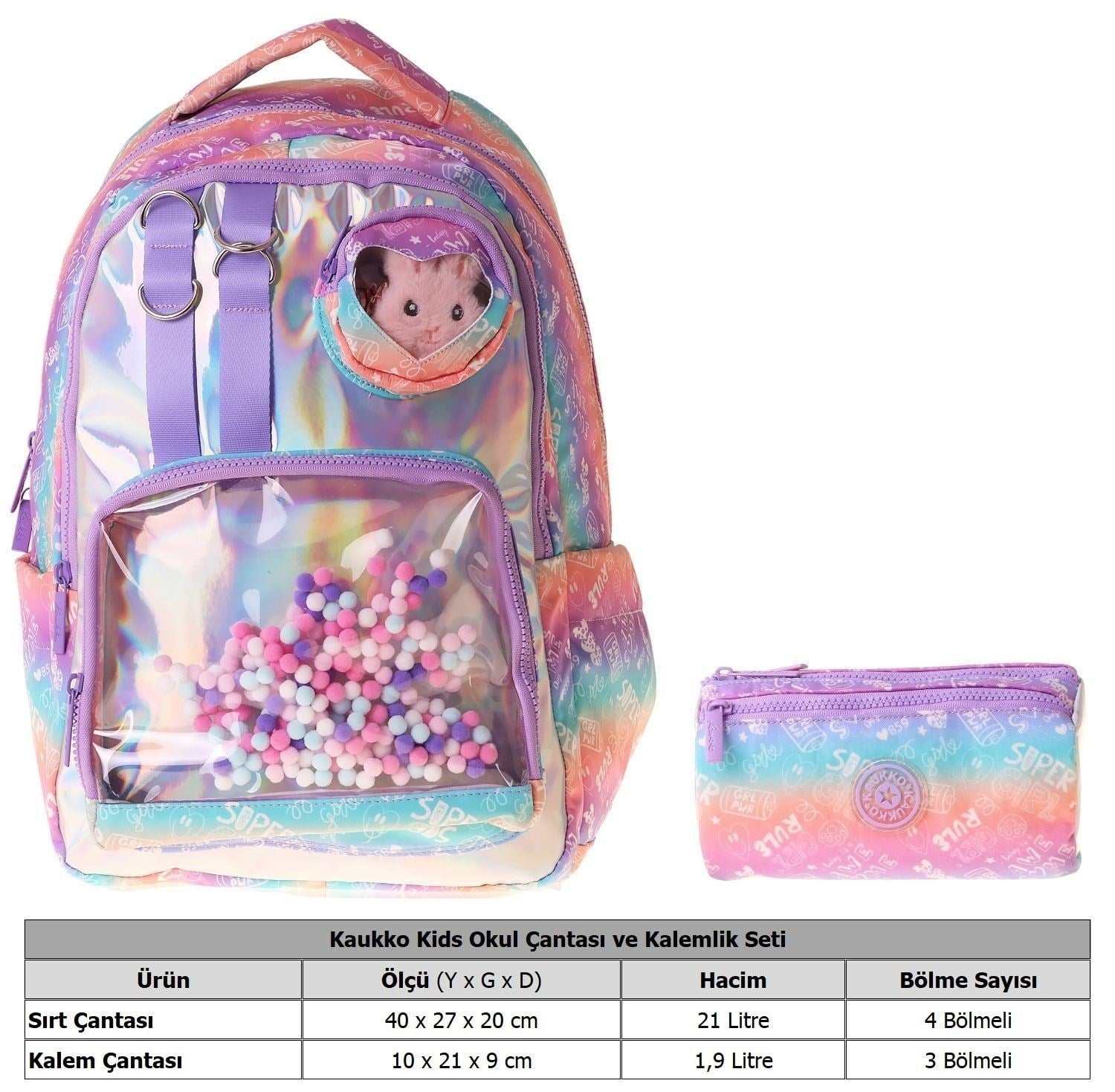 Kaukko Kids Rule Lila Kız Çocuk İlkokul Sırt Çantası ve Kalem Çantası Seti - SETKK-L5348C