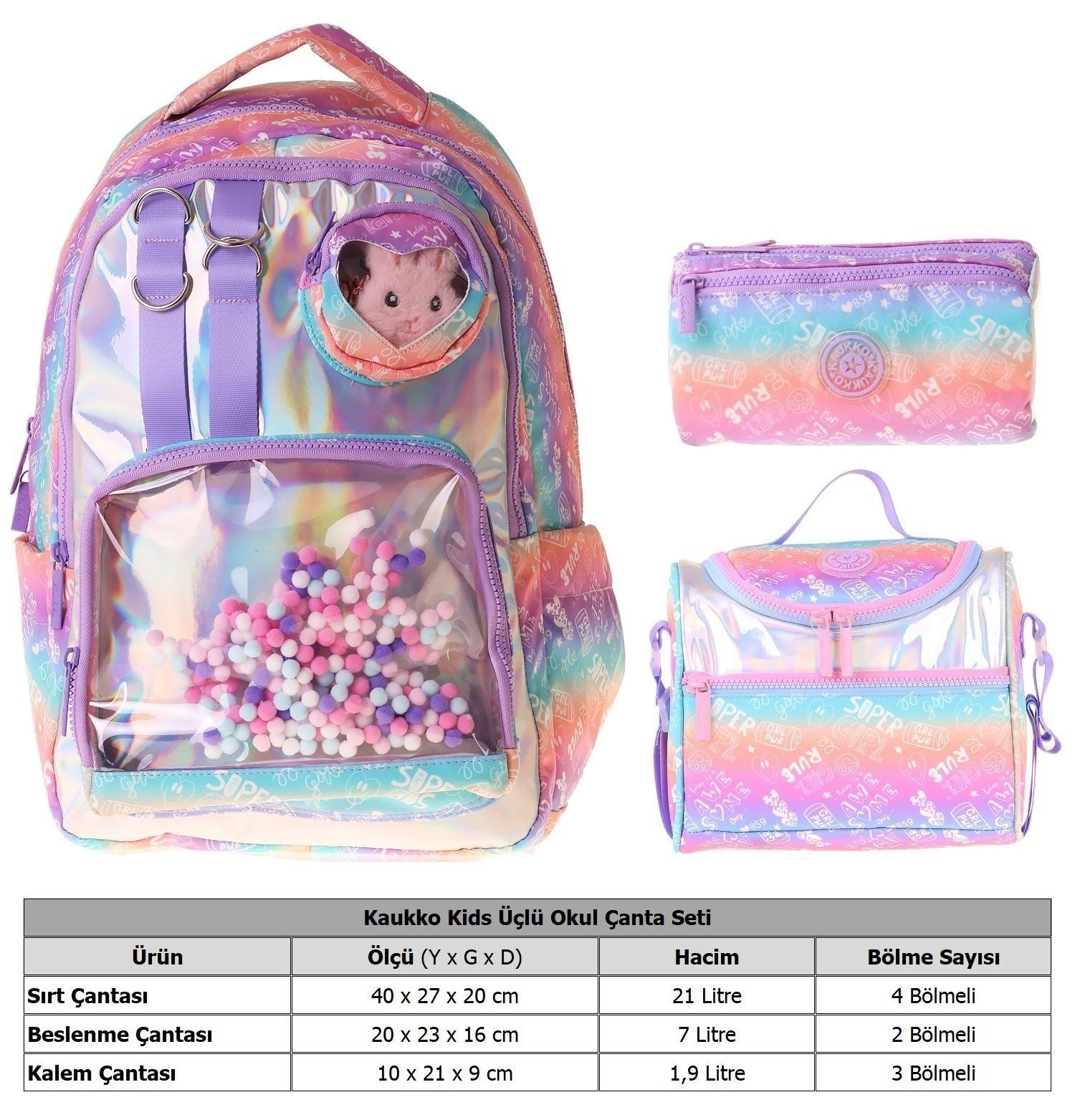 Kaukko Kids Rule(Lila Renk) Kız Çocuk Üçlü İlkokul Okul Çantası Seti/Takımı - SETKK-L5348A