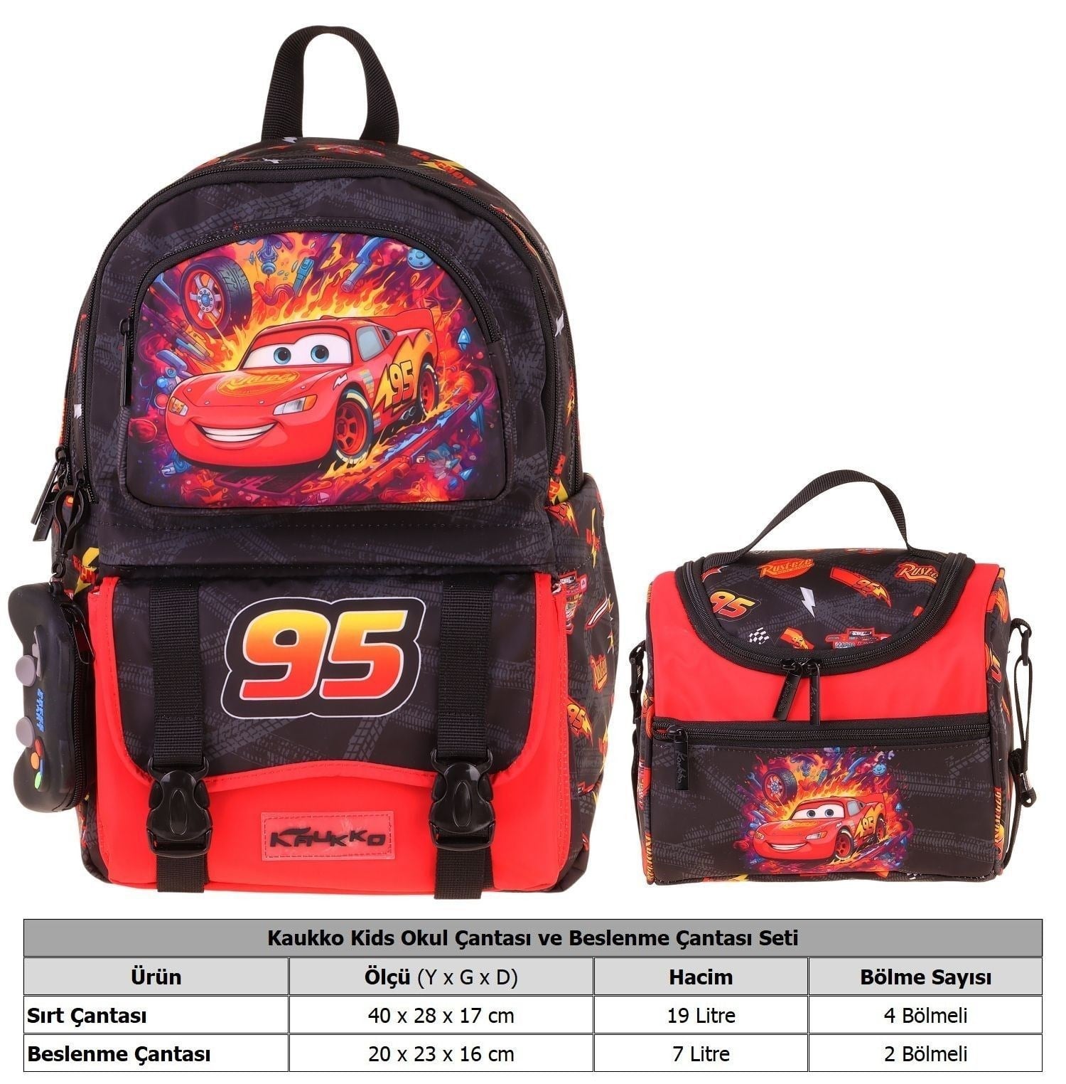 Kaukko Kids Rust Eze Erkek Çocuk Kırmızı - Siyah İlkokul Sırt Çantası ve Beslenme Çanta Seti - SETKK-L5399B