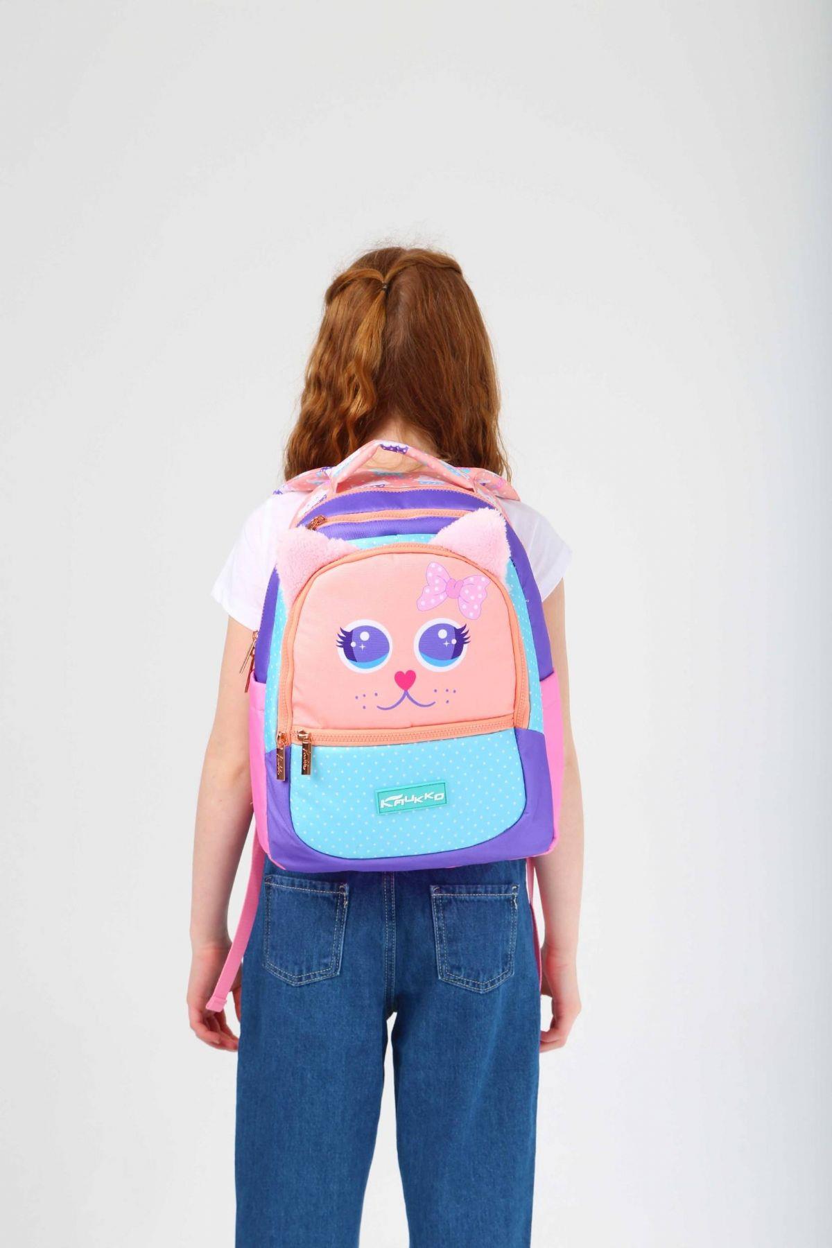 Kaukko Kids Sevimli Kedi Çok Renkli Kız Çocuk Okul Sırt Çantası