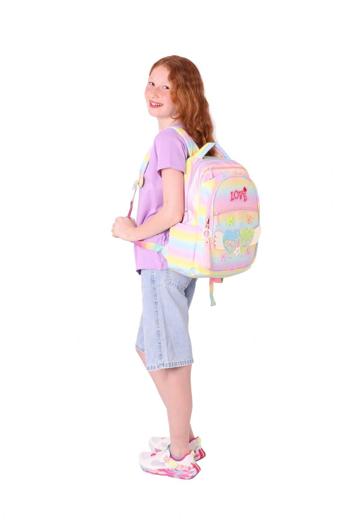 Kaukko Kids Simli Kalp ve Çiçek Detaylı Kız Çocuk Dört Bölmeli Okul Çantası - L5213