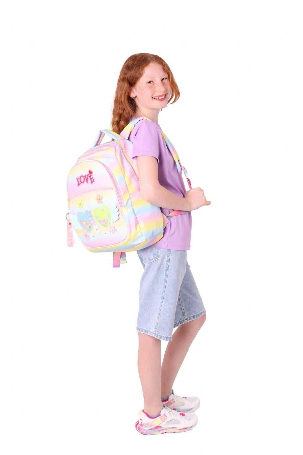 Kaukko Kids Simli Kalp ve Çiçek Detaylı Kız Çocuk Dört Bölmeli Okul Çantası - L5213
