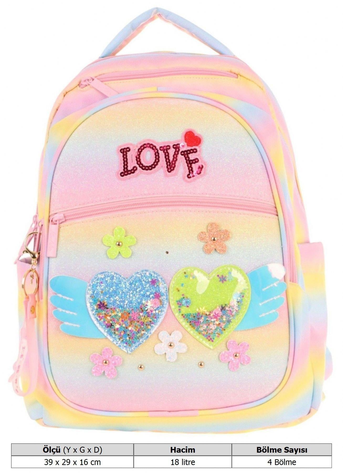 Kaukko Kids Simli Kalp ve Çiçek Detaylı Kız Çocuk Dört Bölmeli Okul Çantası - L5213