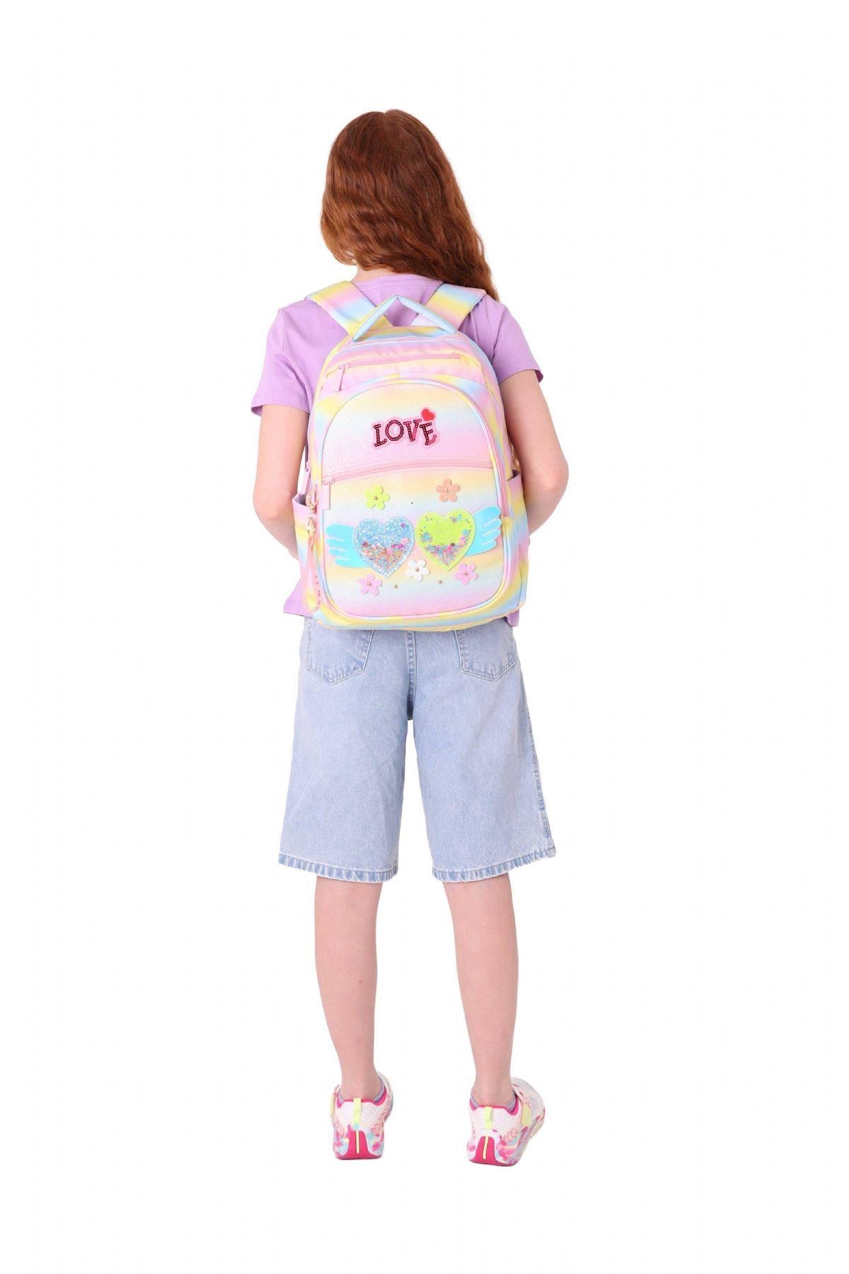 Kaukko Kids Simli Kalp ve Çiçek Detaylı Kız Çocuk Dört Bölmeli Okul Çantası - L5213