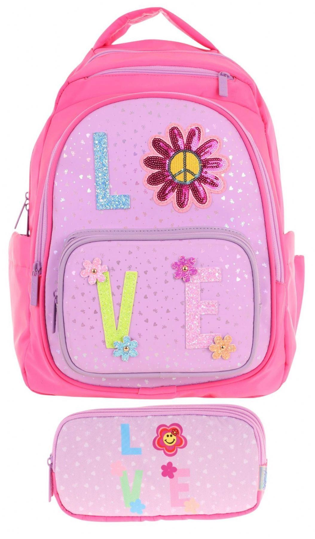 Kaukko Kids Simli Love Desenli Kız Çocuk Okul Çantası ve Üç Gözlü Kalem Çantası Seti (L5211+L8211)