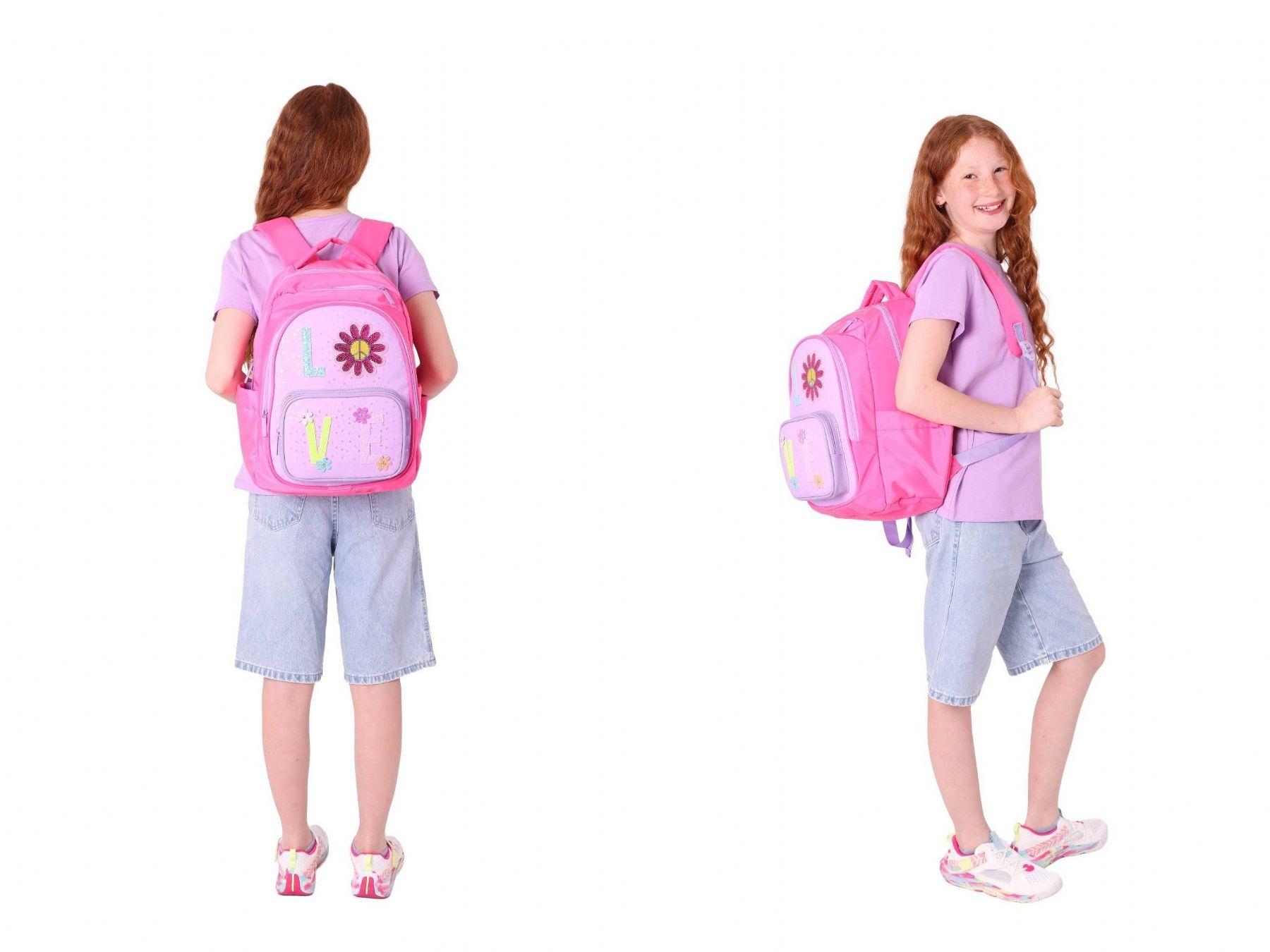 Kaukko Kids Simli Love Desenli Kız Çocuk Okul Çantası ve Üç Gözlü Kalem Çantası Seti (L5211+L8211)