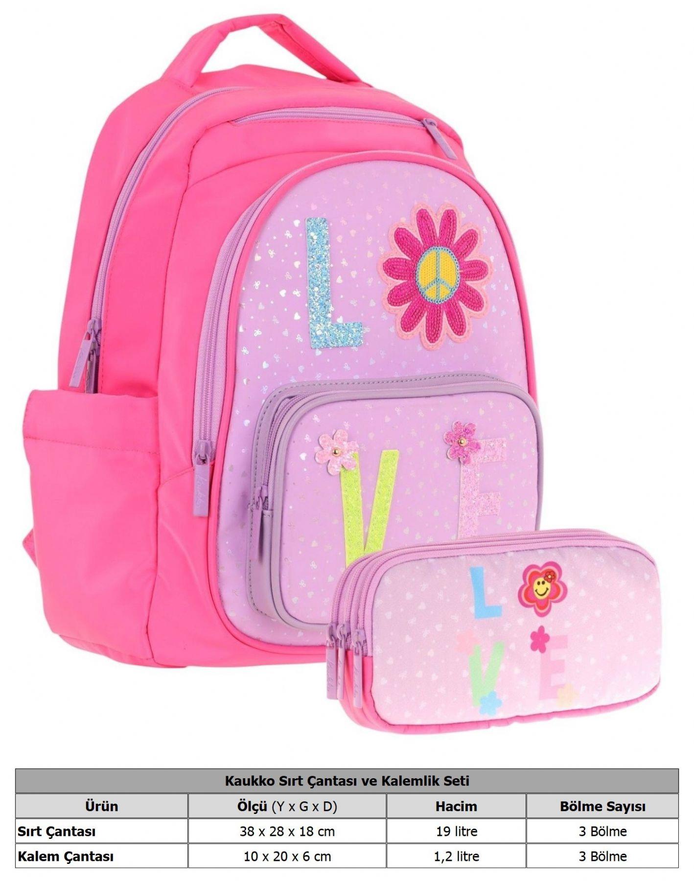 Kaukko Kids Simli Love Desenli Kız Çocuk Okul Çantası ve Üç Gözlü Kalem Çantası Seti (L5211+L8211)