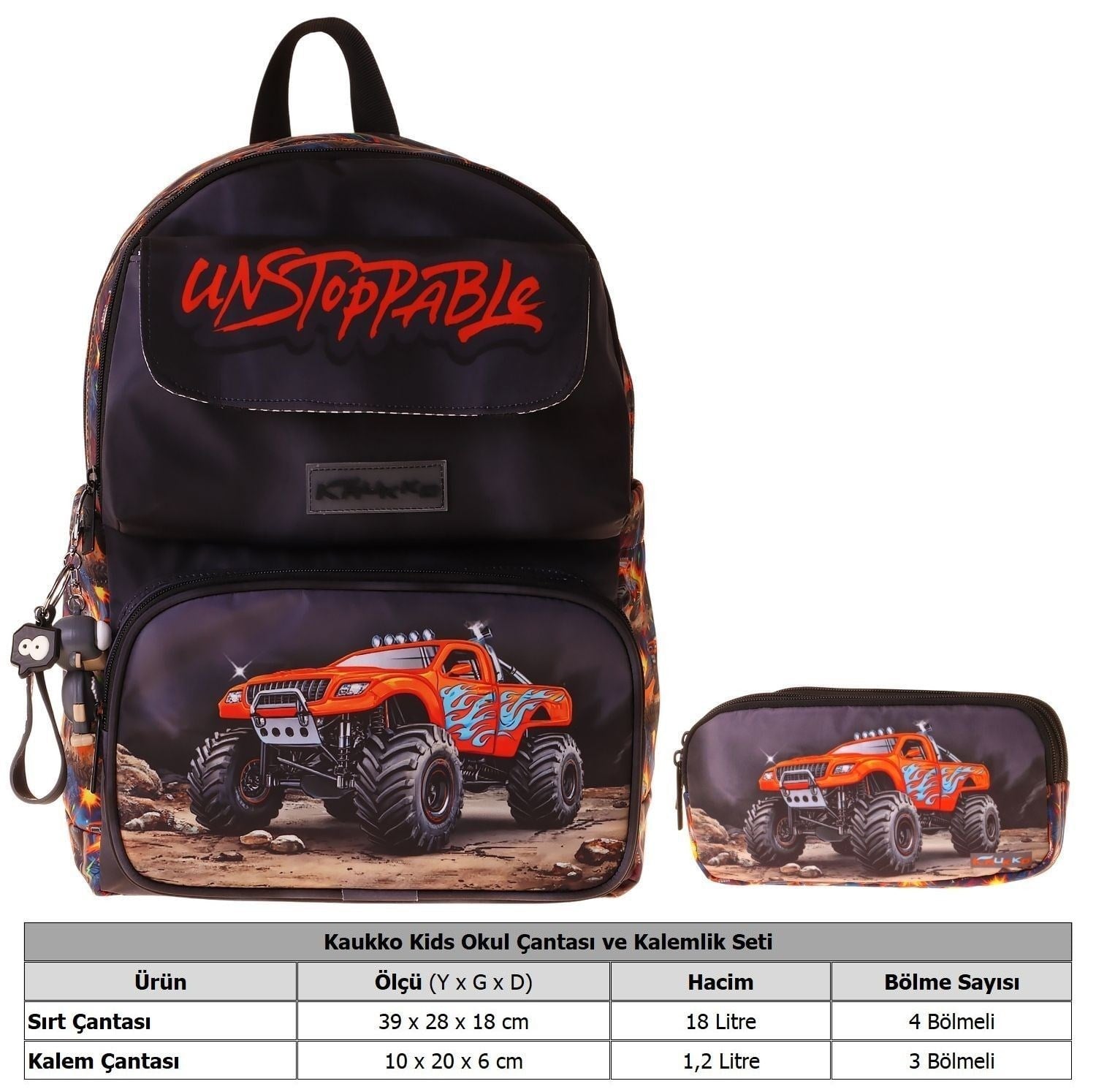 Kaukko Kids Soil Truck Siyah - Kırmızı Erkek Çocuk İlkokul Sırt Çantası ve Kalem Çantası Seti - SETKK-L5359C