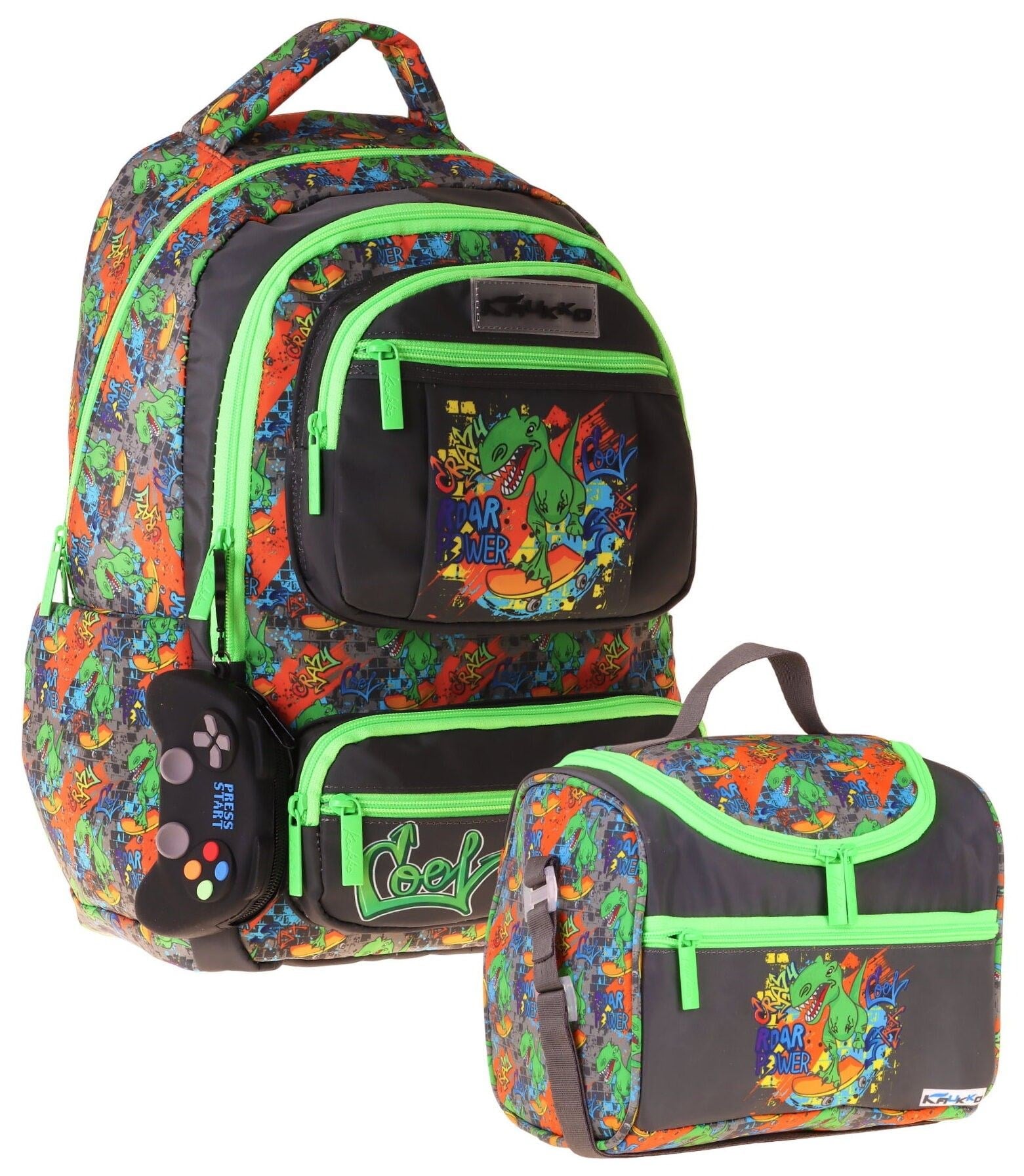 Kaukko Kids Street Erkek Çocuk Siyah - Yeşil İlkokul Sırt Çantası ve Beslenme Çanta Seti - SETKK-L5414B