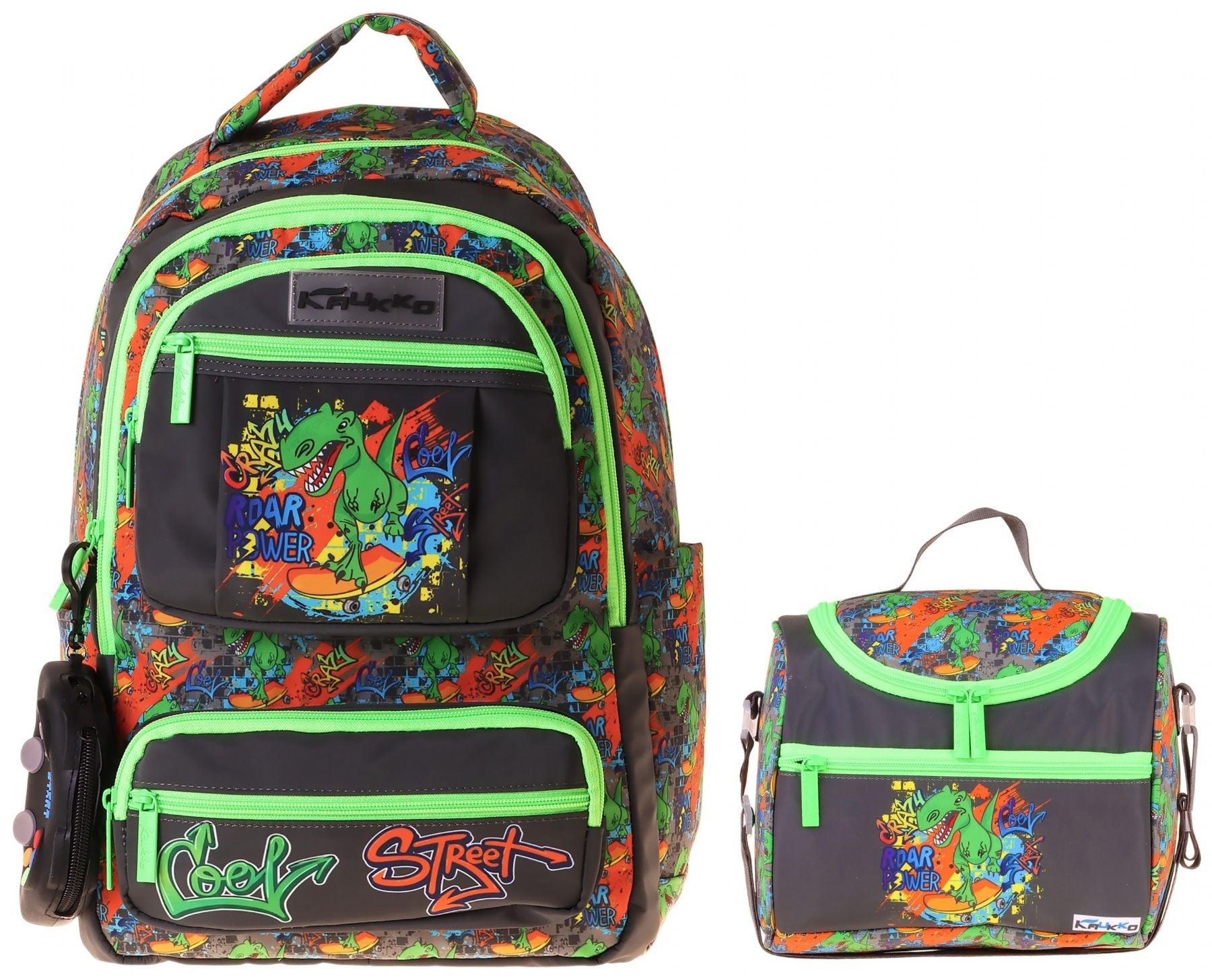 Kaukko Kids Street Erkek Çocuk Siyah - Yeşil İlkokul Sırt Çantası ve Beslenme Çanta Seti - SETKK-L5414B