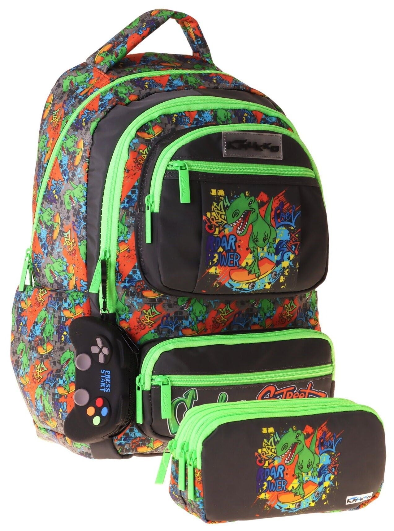 Kaukko Kids Street Siyah - Yeşil Erkek Çocuk İlkokul Sırt Çantası ve Kalem Çantası Seti - SETKK-L5414C