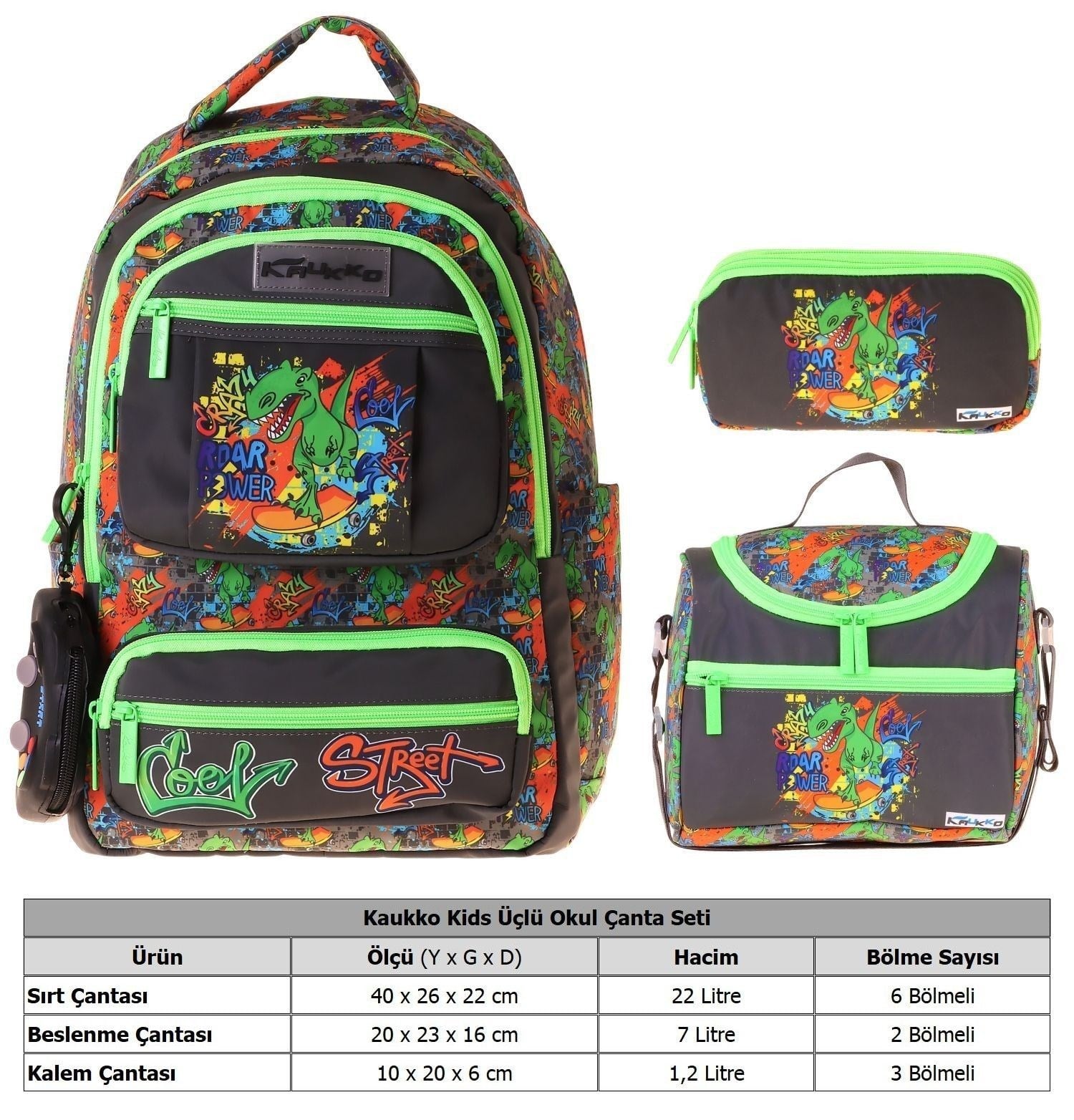 Kaukko Kids Street(Siyah - Yeşil Renk) Erkek Çocuk Üçlü İlkokul Okul Çantası Seti/Takımı - SETKK-L5414A