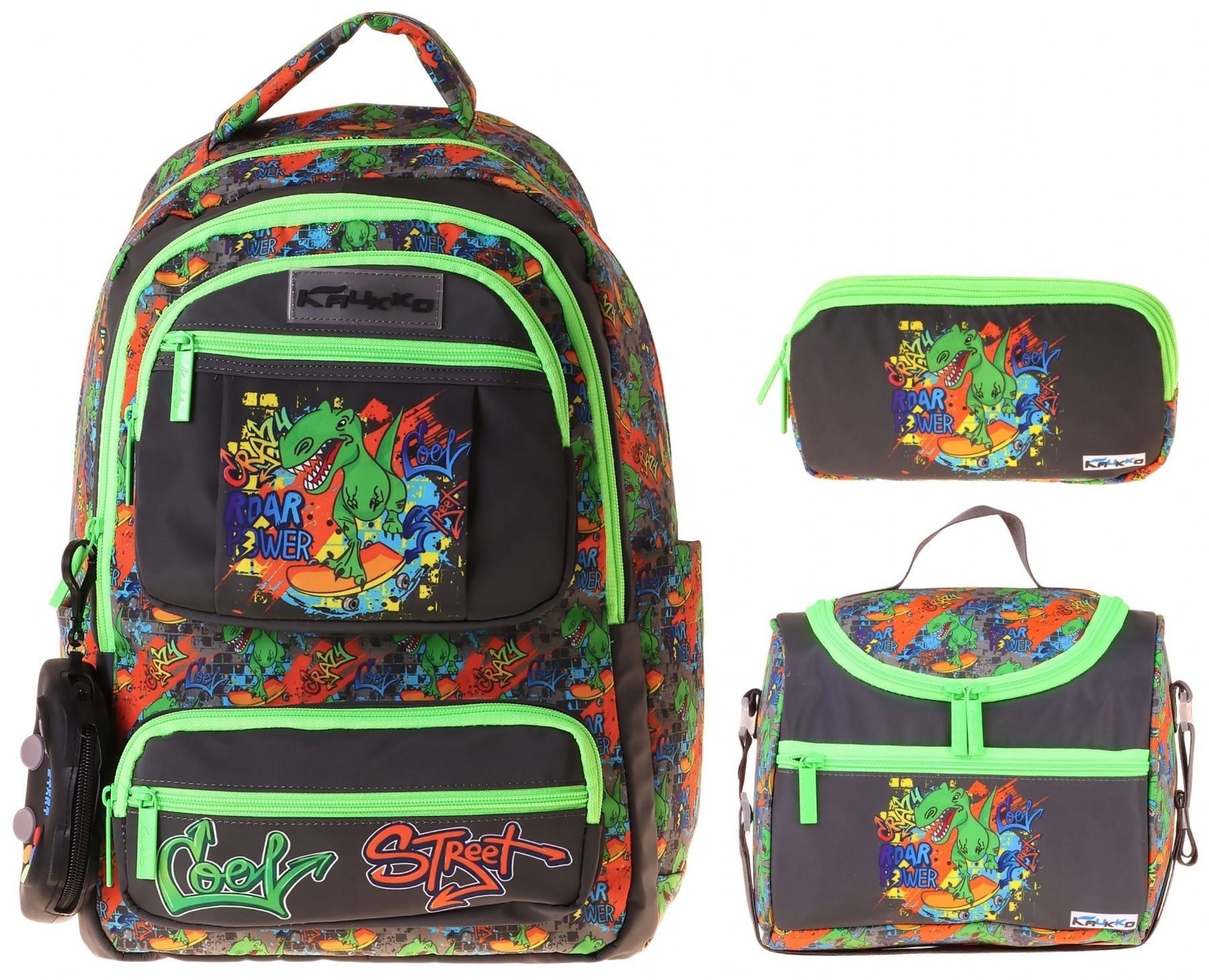 Kaukko Kids Street(Siyah - Yeşil Renk) Erkek Çocuk Üçlü İlkokul Okul Çantası Seti/Takımı - SETKK-L5414A