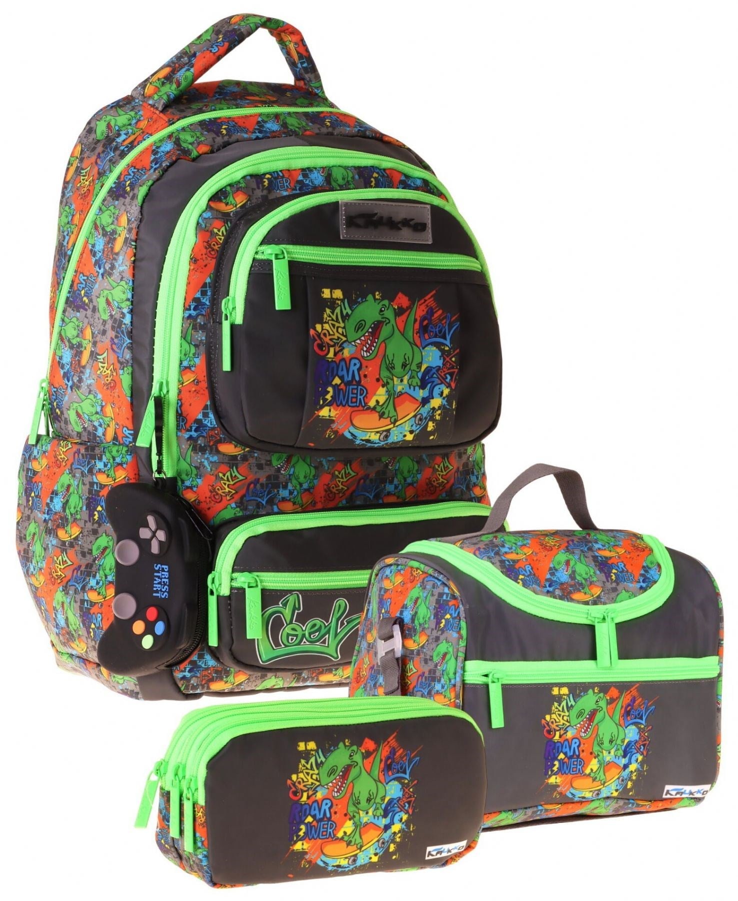 Kaukko Kids Street(Siyah - Yeşil Renk) Erkek Çocuk Üçlü İlkokul Okul Çantası Seti/Takımı - SETKK-L5414A