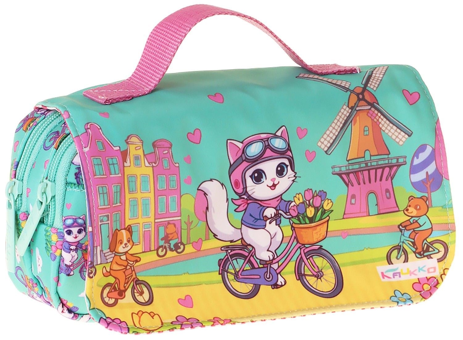 Kaukko Kids Taşıma Askılı Kız Çocuk Bisikletli Kedi Baskılı Şık Kalem Çantası (Yeşil - Pembe) - L5330