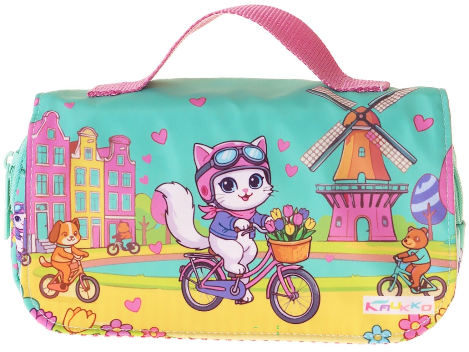 Kaukko Kids Taşıma Askılı Kız Çocuk Bisikletli Kedi Baskılı Şık Kalem Çantası (Yeşil - Pembe) - L5330