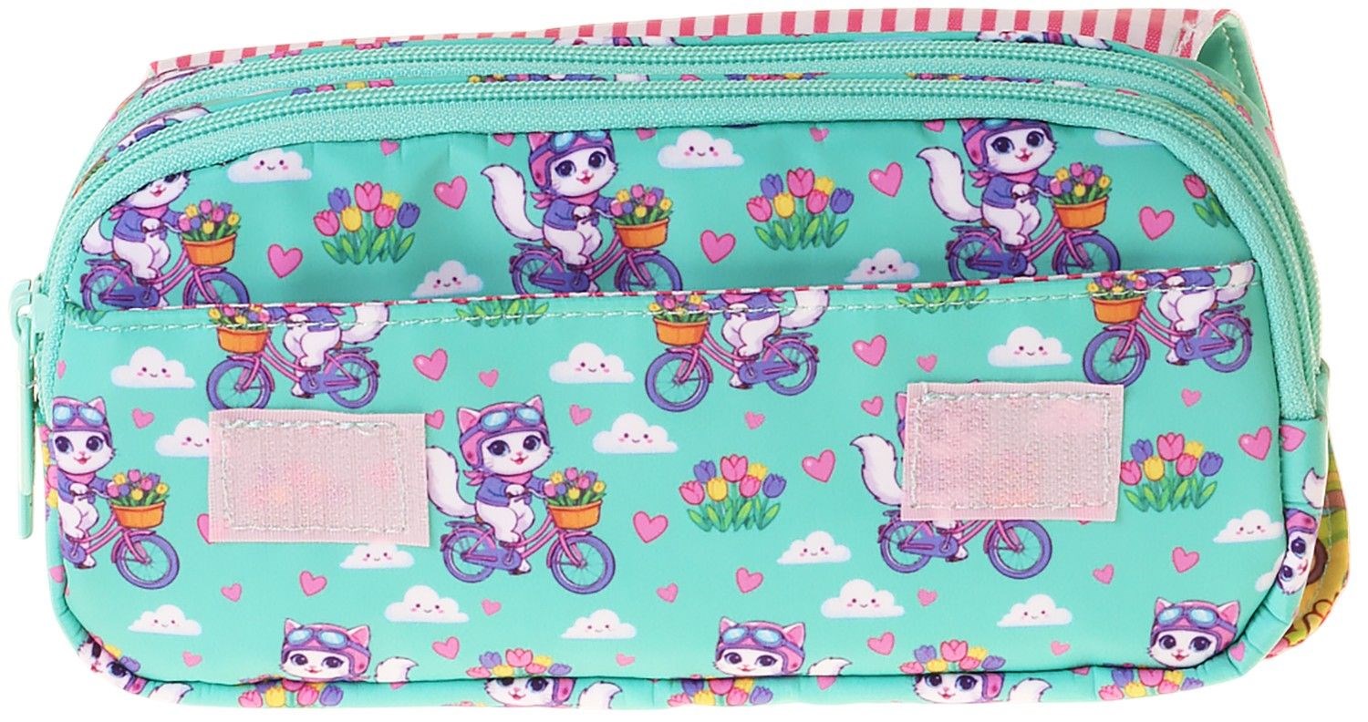 Kaukko Kids Taşıma Askılı Kız Çocuk Bisikletli Kedi Baskılı Şık Kalem Çantası (Yeşil - Pembe) - L5330