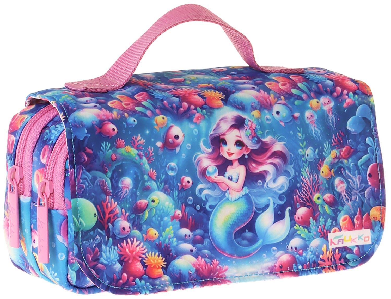 Kaukko Kids Taşıma Askılı Kız Çocuk Mercan ve Denizkızı Baskılı Şık Kalem Çantası (Pembe - Mavi) - L5325