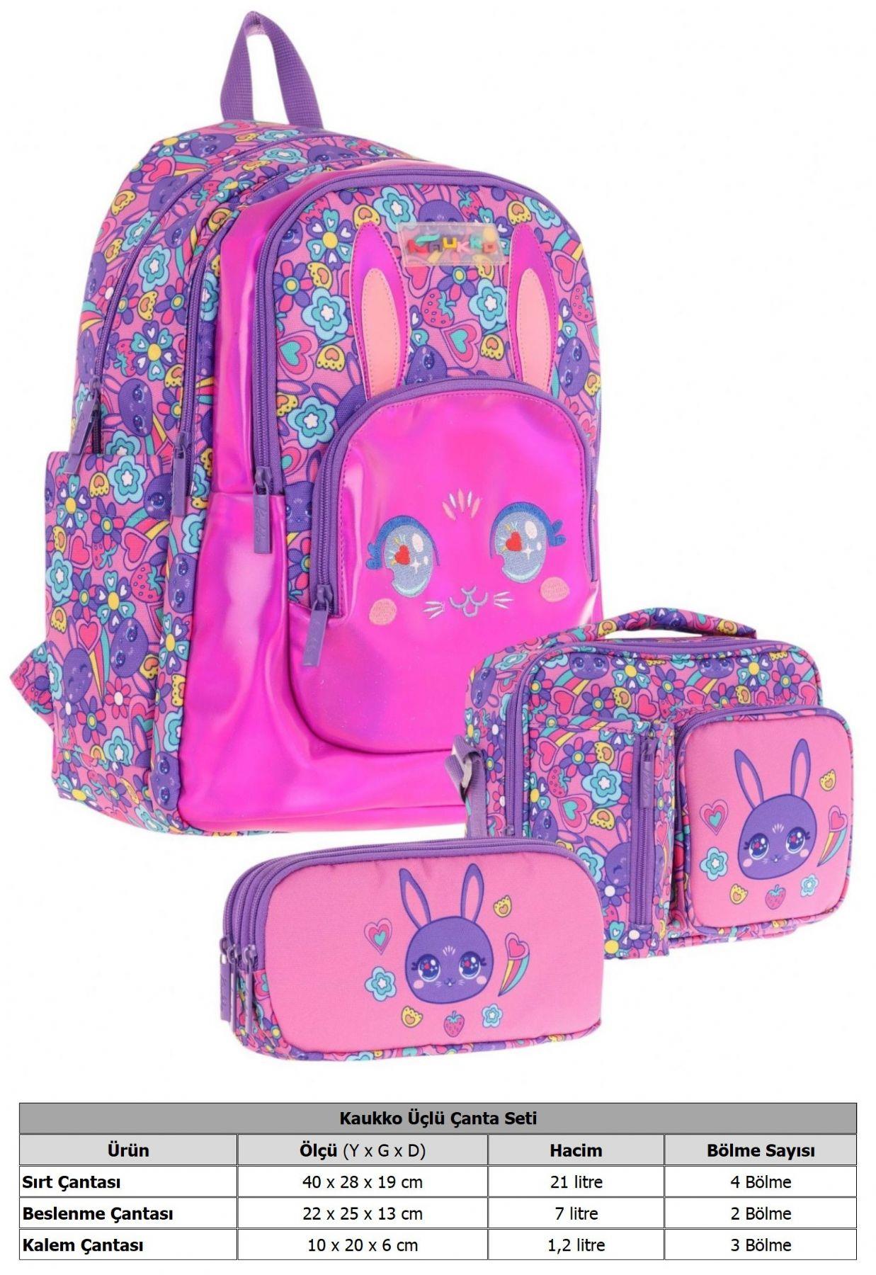 Kaukko Kids Tavşan Şekilli (Mor Pembe) Kız Çocuk Üçlü İlkokul Okul Çantası Seti
