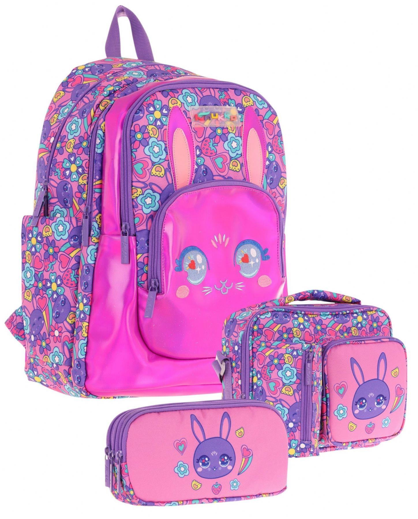 Kaukko Kids Tavşan Şekilli (Mor Pembe) Kız Çocuk Üçlü İlkokul Okul Çantası Seti