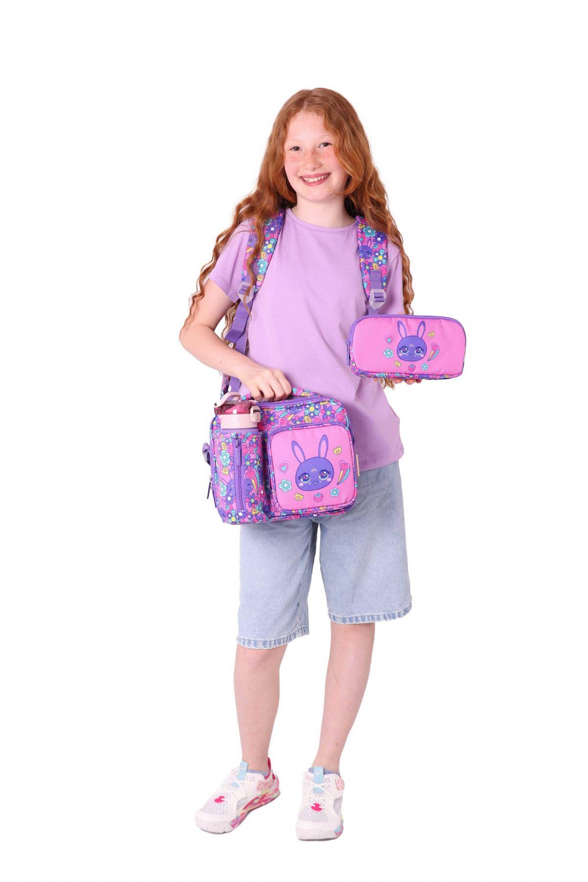 Kaukko Kids Tavşan Şekilli (Mor Pembe) Kız Çocuk Üçlü İlkokul Okul Çantası Seti